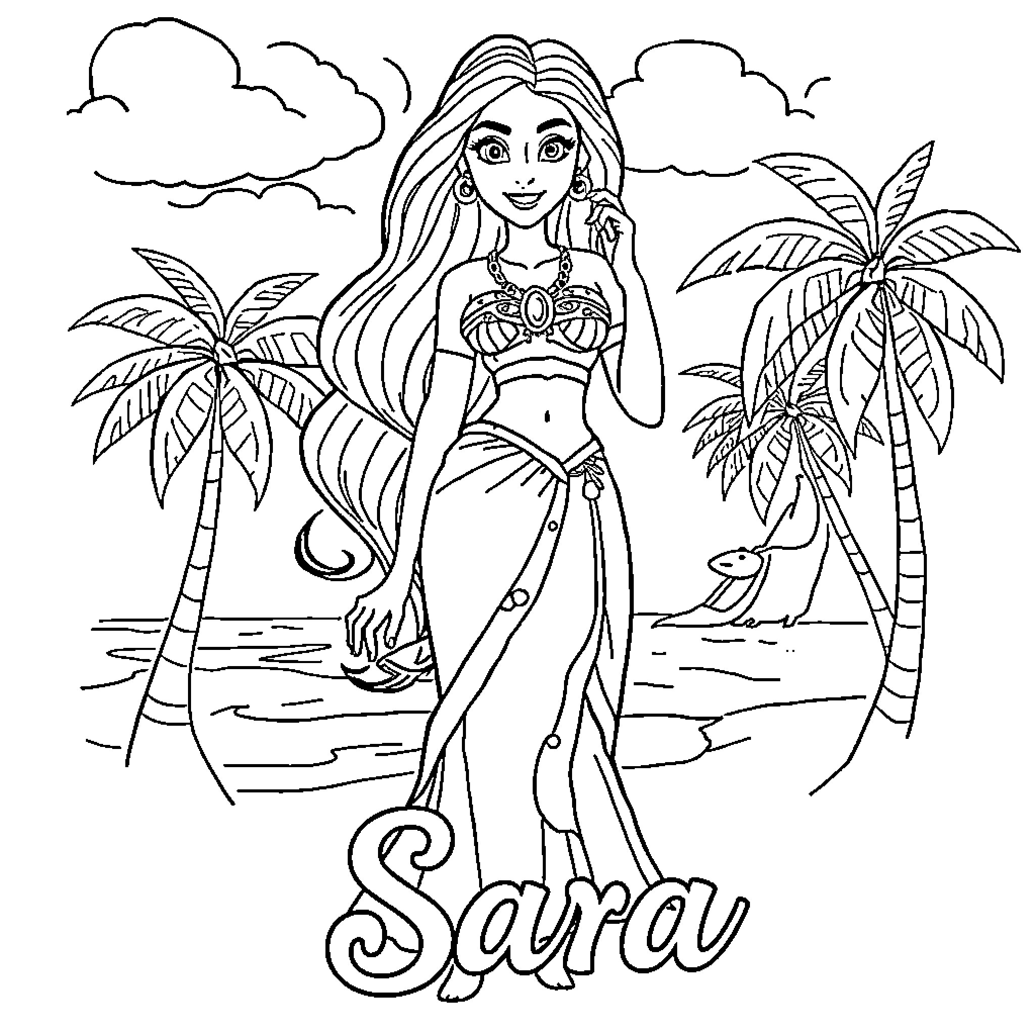Moana enjoying a tropical beach scene Coloring Page (free black-and-white line drawing printable PDF for all, from beginners to advanced learners, including children, teens, adults, and seniors)