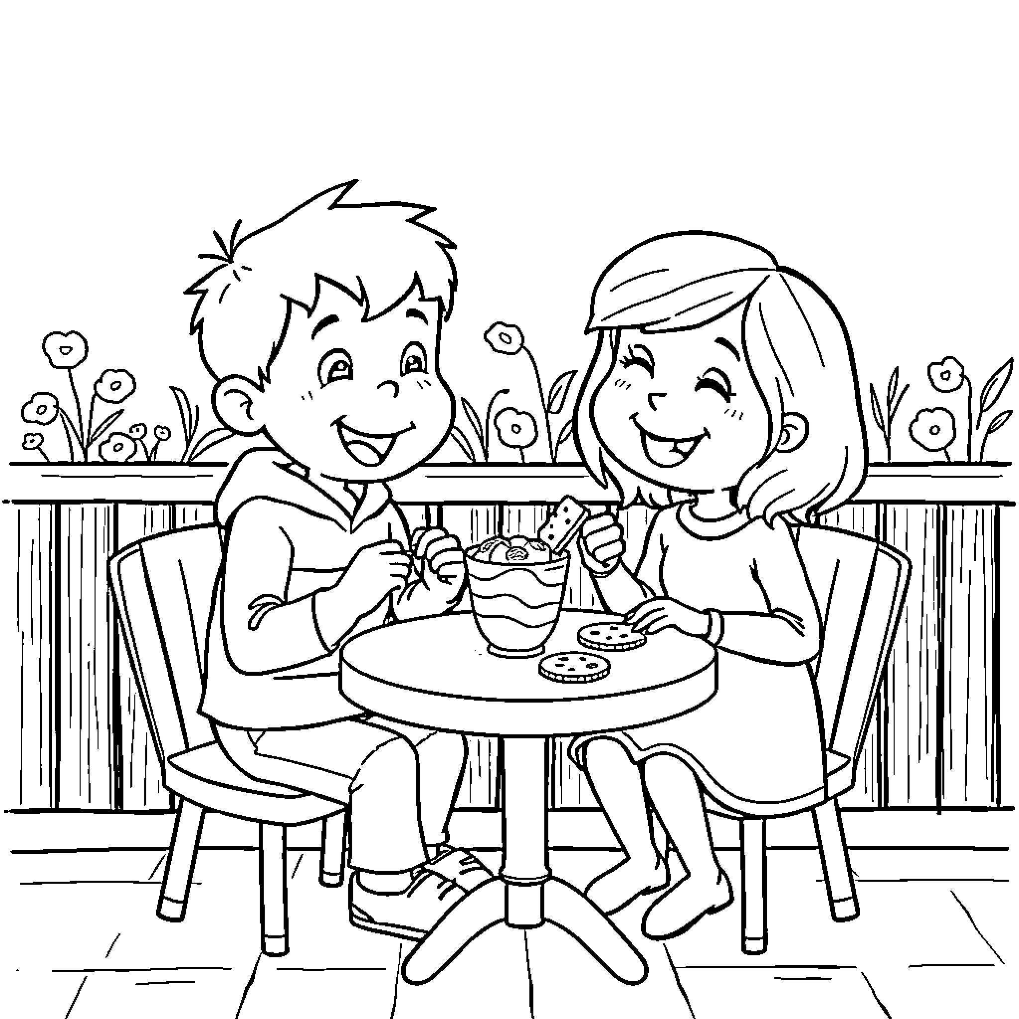 Ben and Holly enjoying a snack together Coloring Page (free black-and-white line drawing printable PDF for all, from beginners to advanced learners, including children, teens, adults, and seniors)