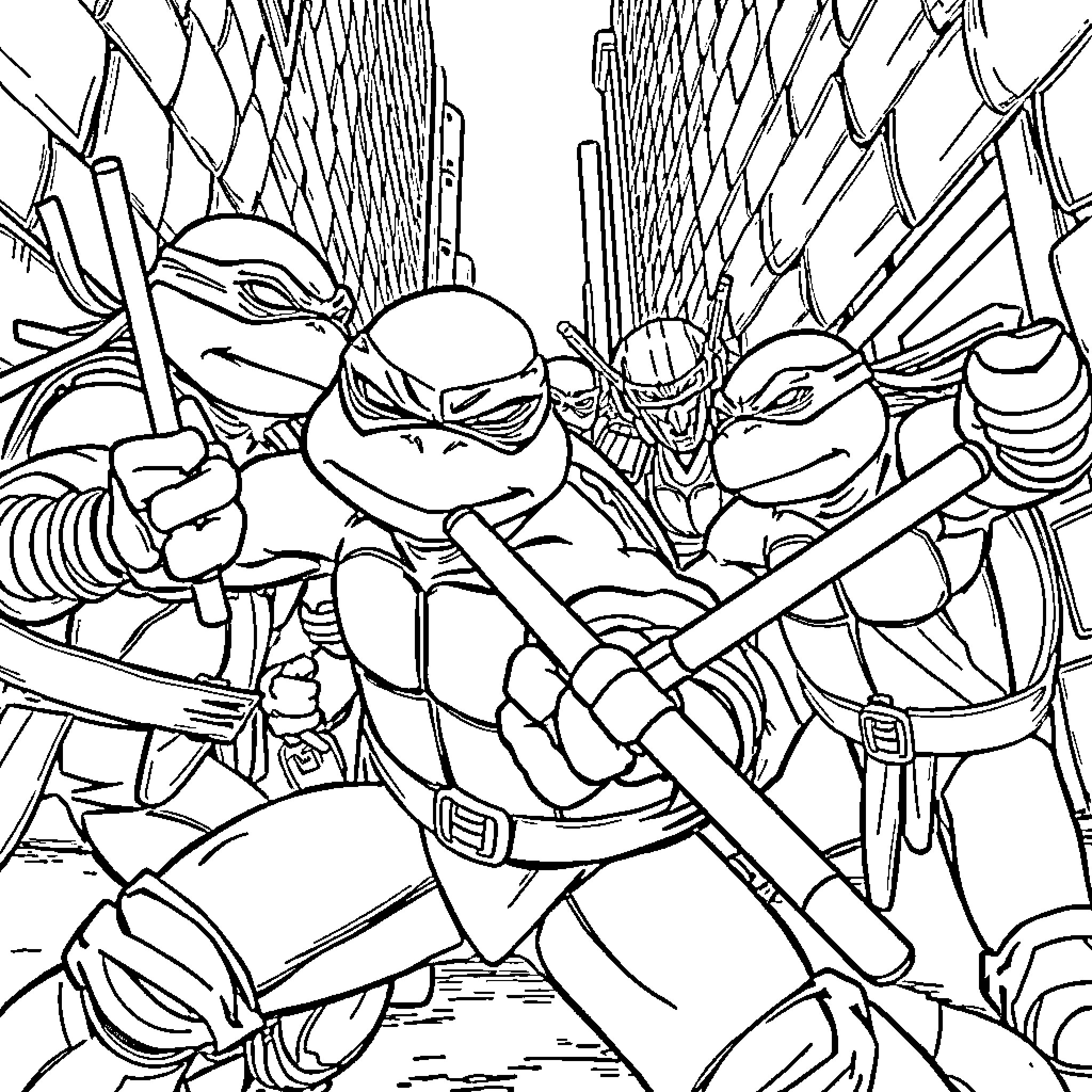 Teenage Mutant Ninja Turtles in action Coloring Page (free black-and-white line drawing printable PDF for all, from beginners to advanced learners, including children, teens, adults, and seniors)