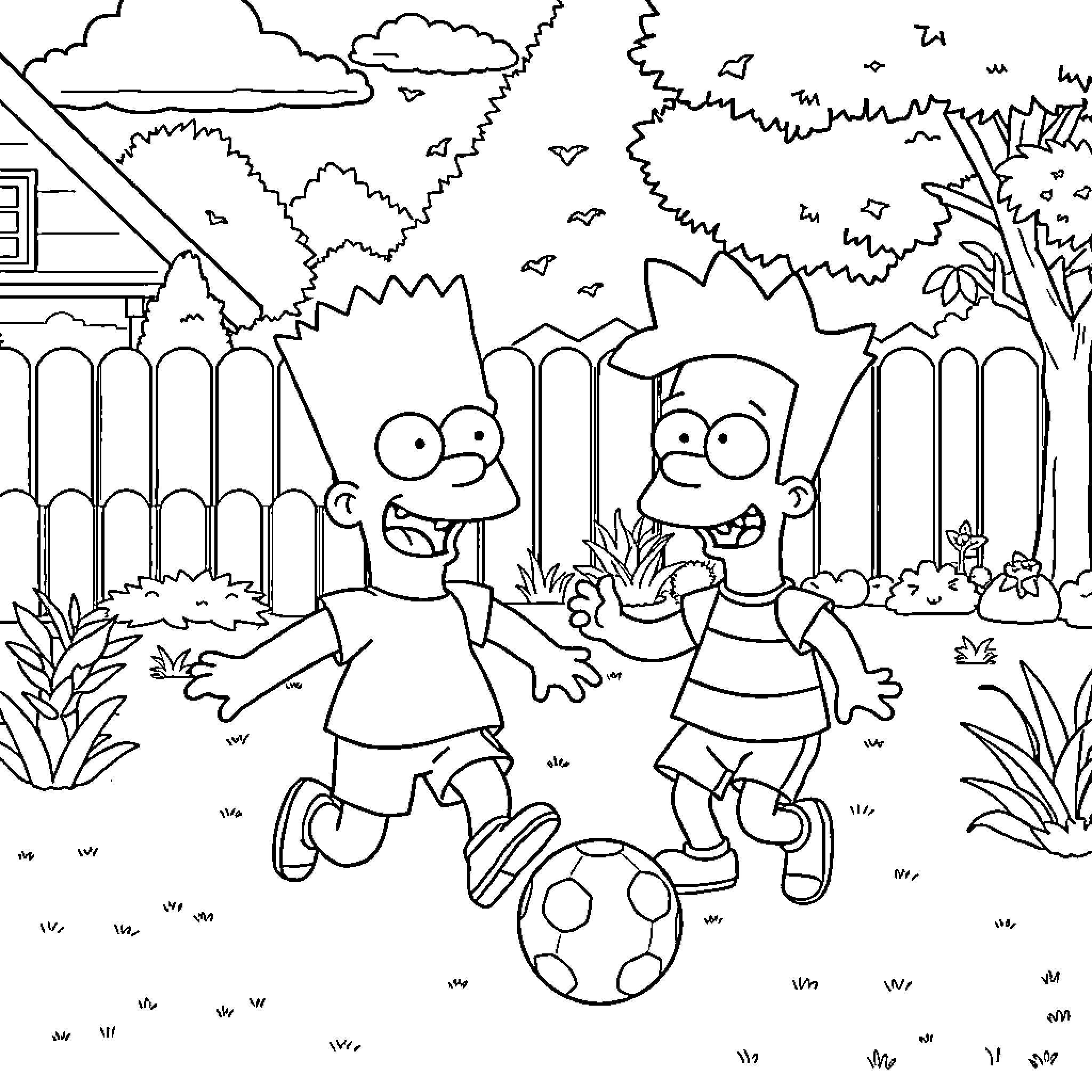 Bart and Lisa playing joyfully in the backyard Coloring Page (free black-and-white line drawing printable PDF for all, from beginners to advanced learners, including children, teens, adults, and seniors)