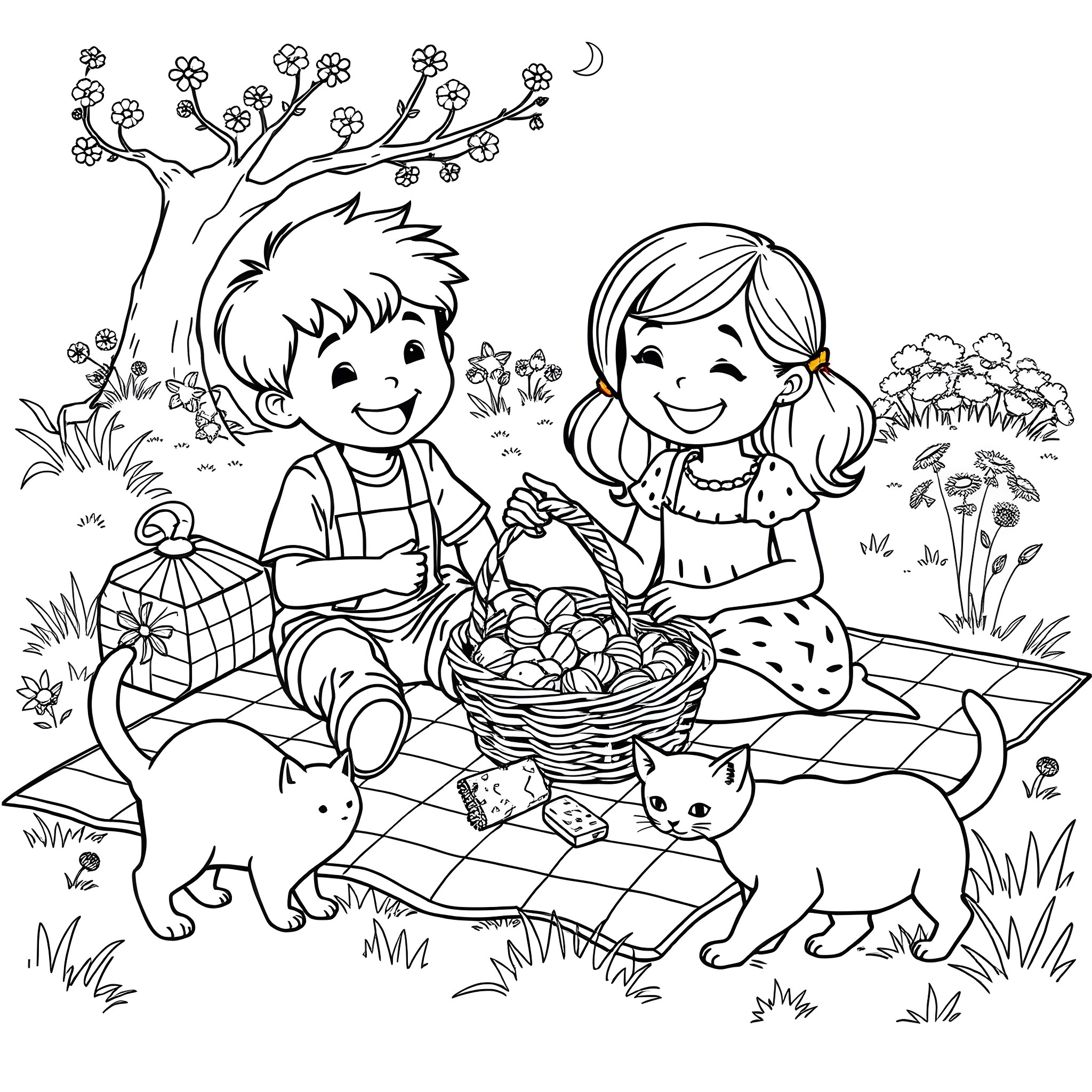 Cat kids enjoying a picnic in nature Coloring Page (free black-and-white line drawing printable PDF for all, from beginners to advanced learners, including children, teens, adults, and seniors)