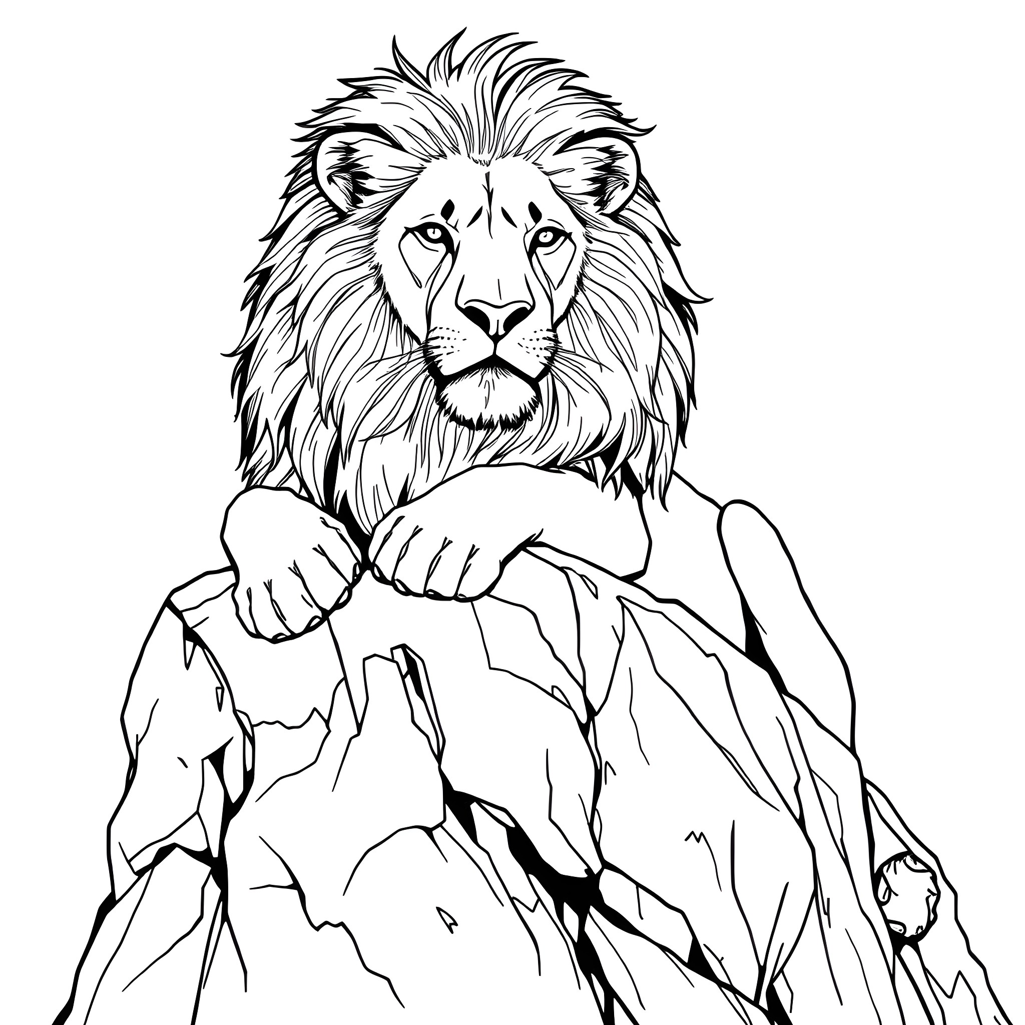 Lion stalking its prey in the wilderness Coloring Page (free black-and-white line drawing printable PDF for all, from beginners to advanced learners, including children, teens, adults, and seniors)