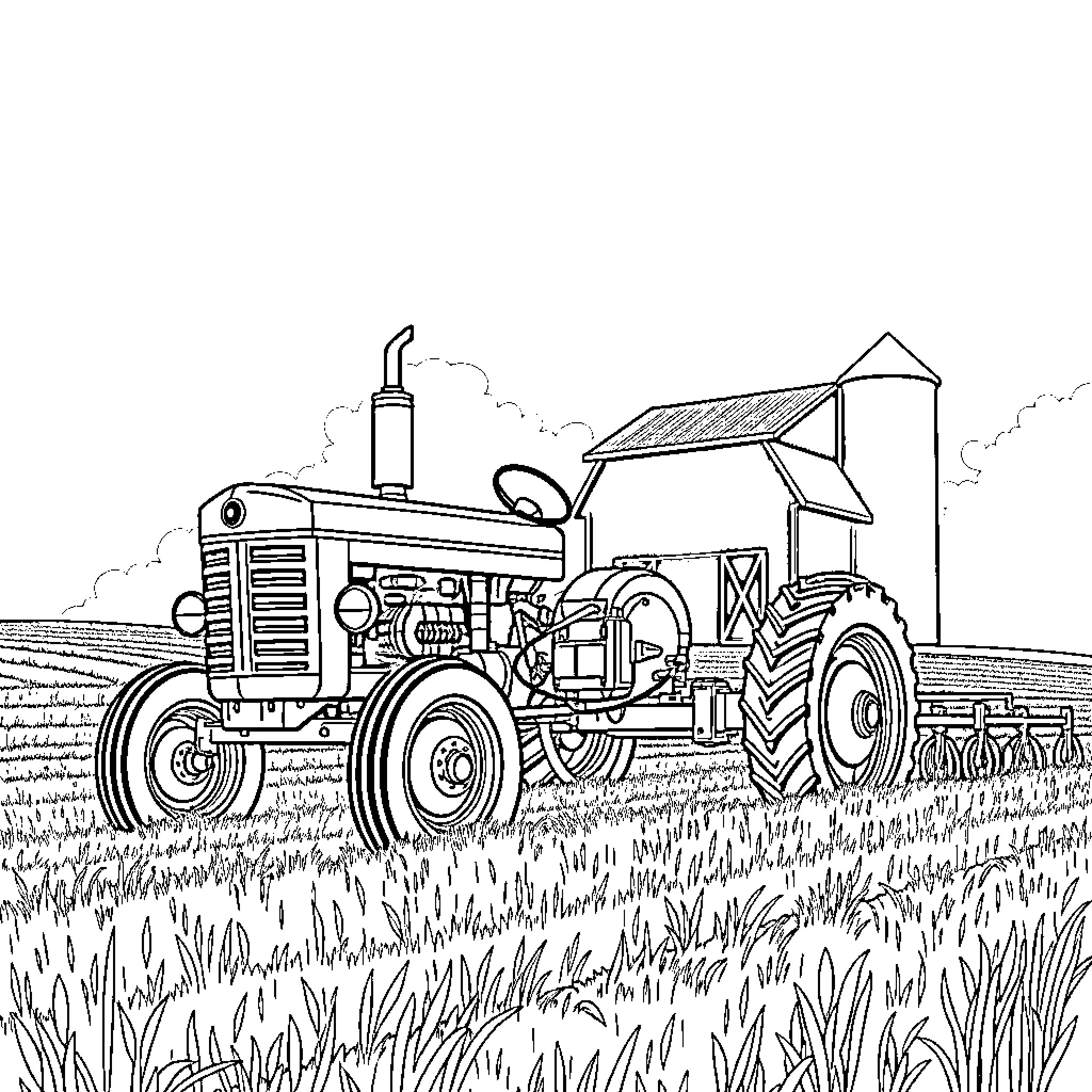 Tractor working in the farm field Coloring Page (free black-and-white line drawing printable PDF for all, from beginners to advanced learners, including children, teens, adults, and seniors)