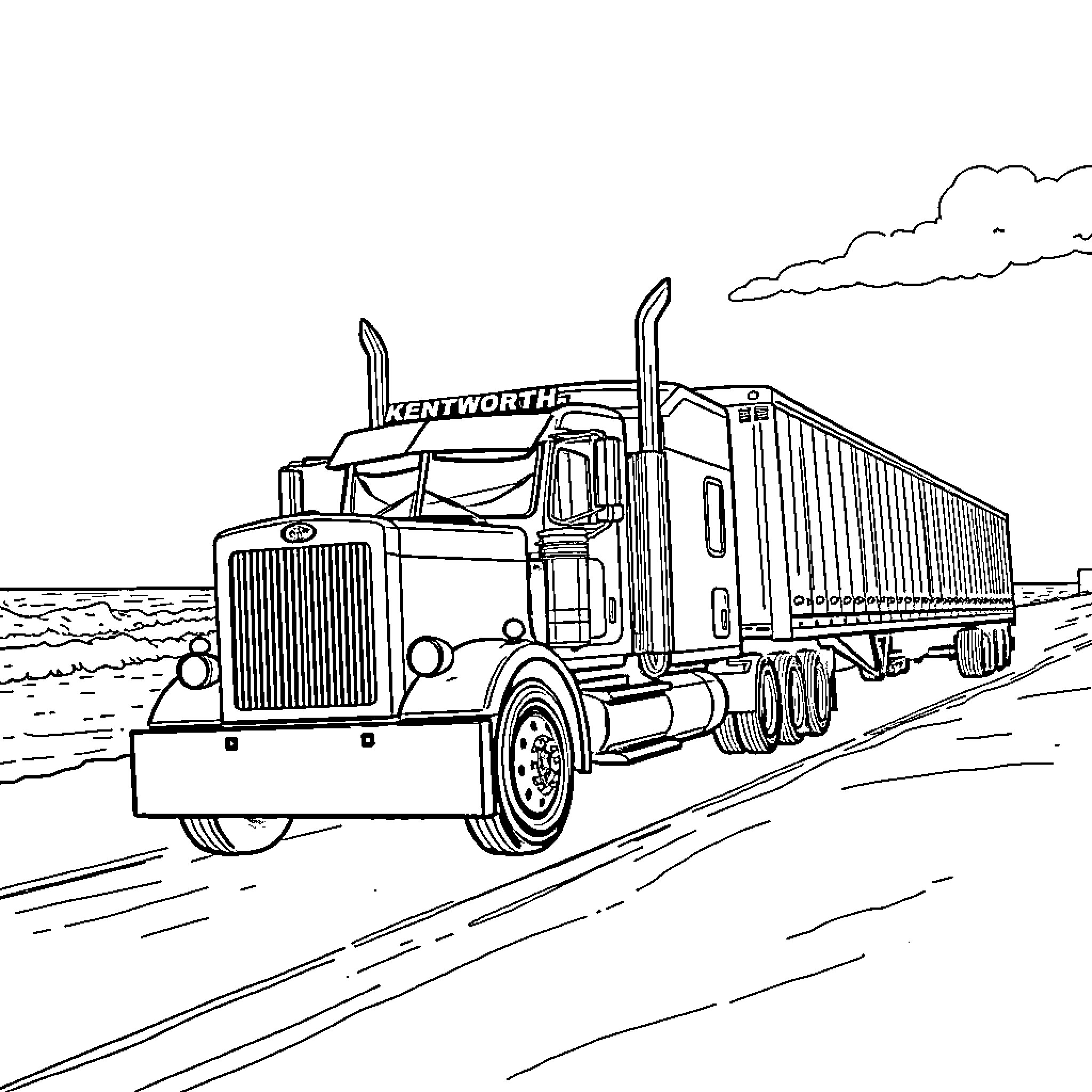 Truck hauling cargo down the highway Coloring Page (free black-and-white line drawing printable PDF for all, from beginners to advanced learners, including children, teens, adults, and seniors)