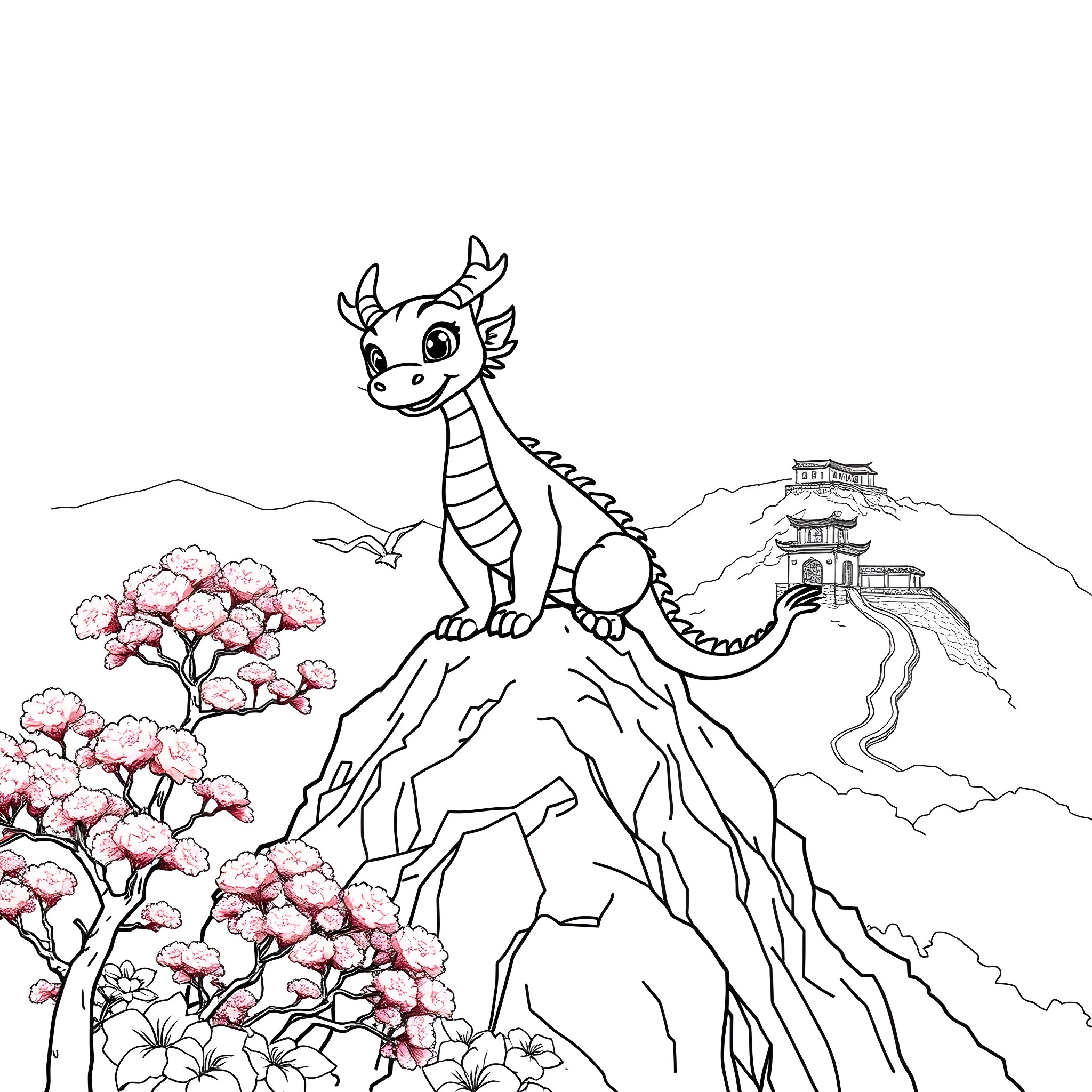 Mushu the Dragon Atop a Mountain with Blossoming Trees Coloring Page (free black-and-white line drawing printable PDF for all, from beginners to advanced learners, including children, teens, adults, and seniors)