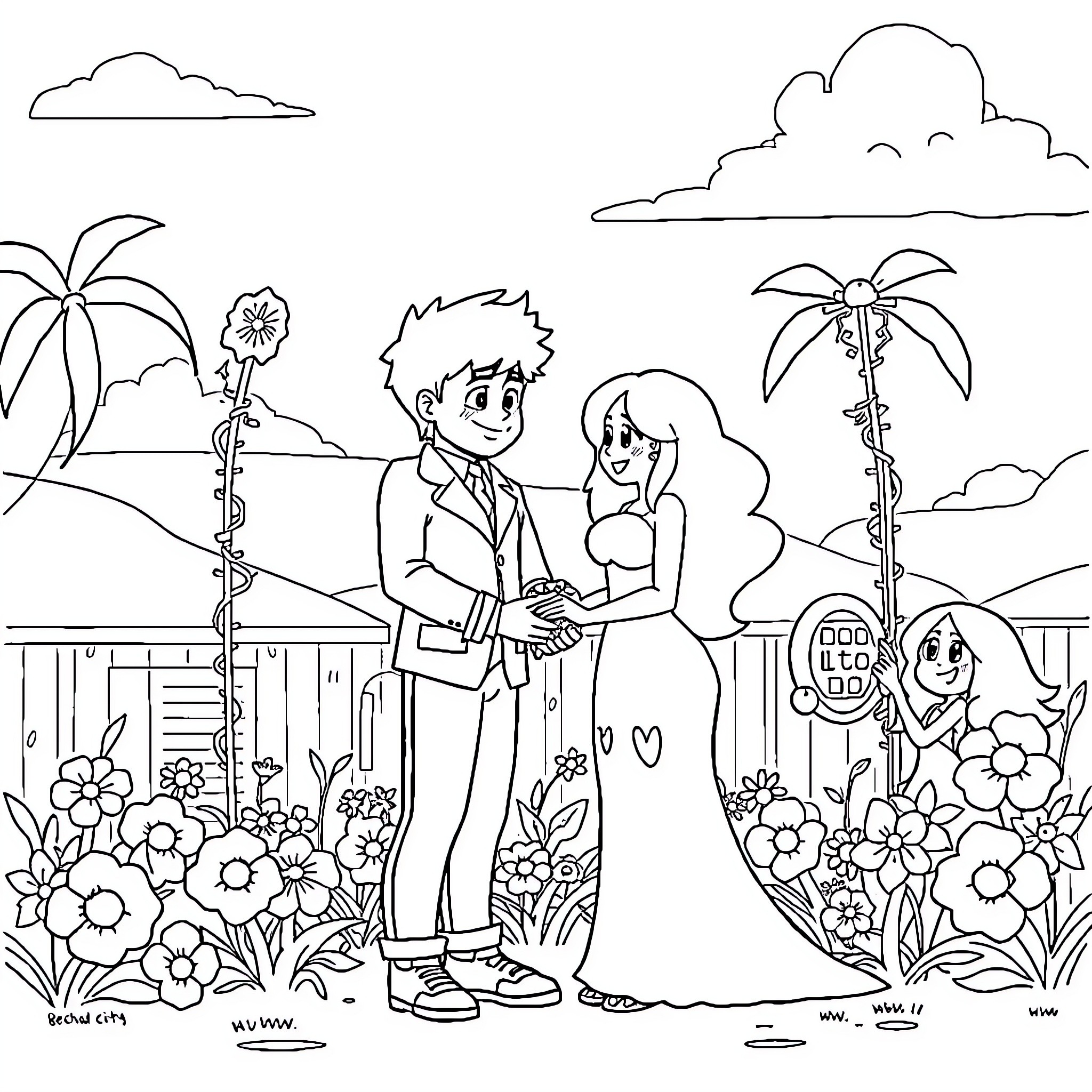 Steven Universe: Wedding in a Tropical Garden Coloring Page (free black-and-white line drawing printable PDF for all, from beginners to advanced learners, including children, teens, adults, and seniors)