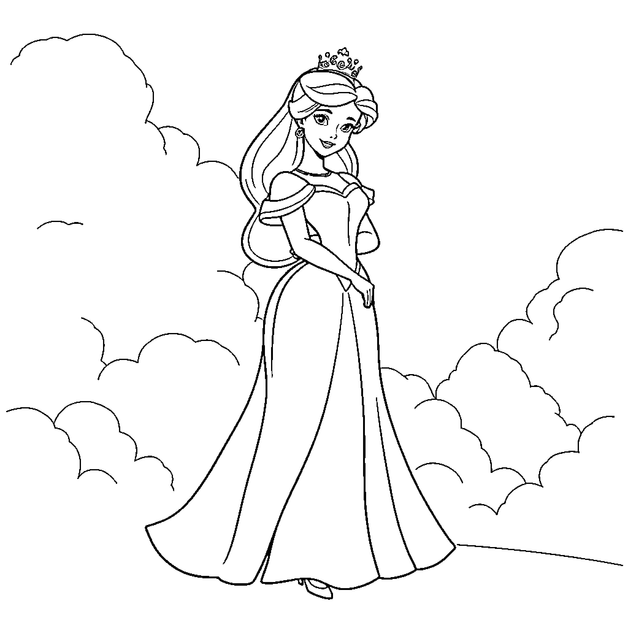 Disney Princess in elegant dress and crown Coloring Page (free black-and-white line drawing printable PDF for all, from beginners to advanced learners, including children, teens, adults, and seniors)