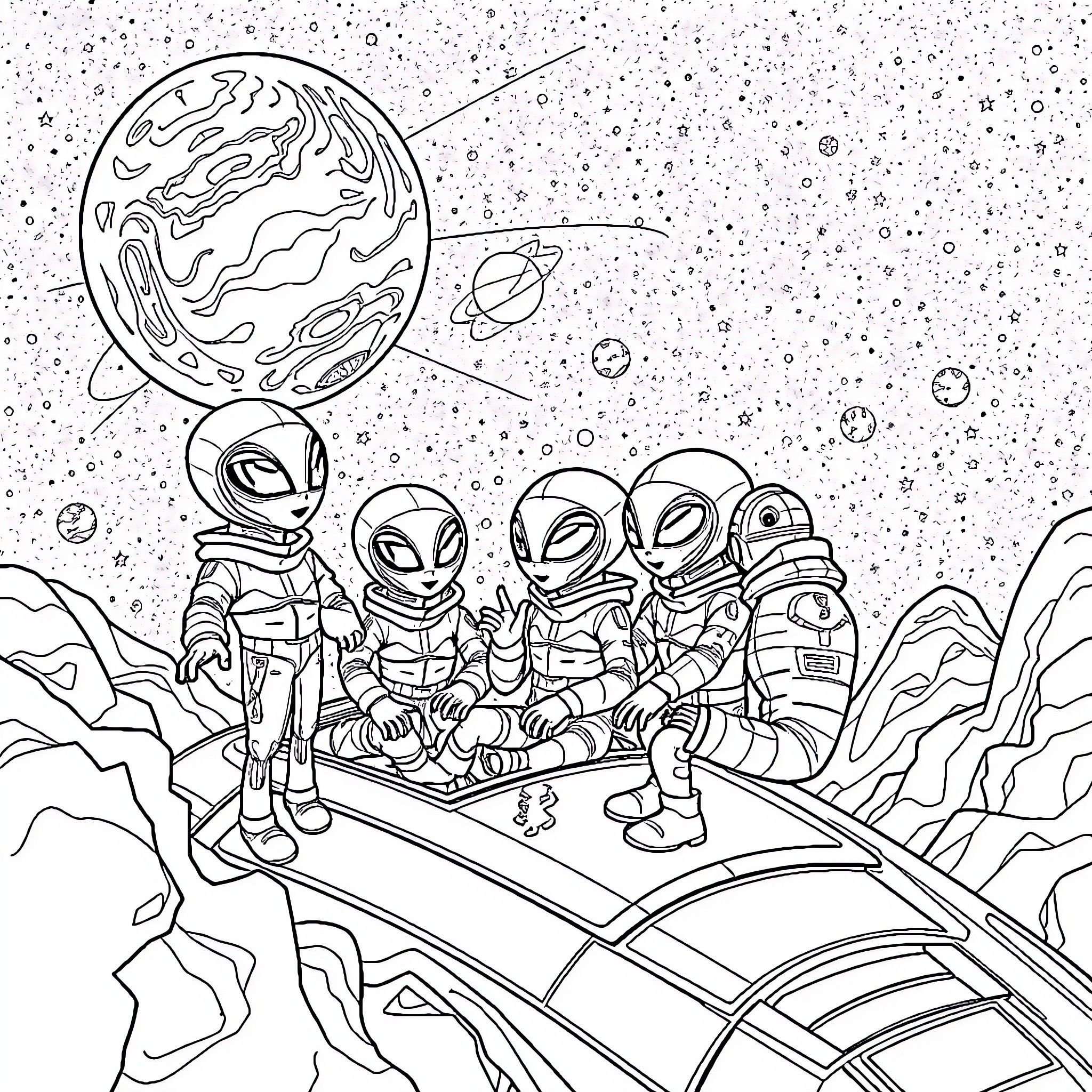Alien astronauts exploring unknown planets in the galaxy Coloring Page (free black-and-white line drawing printable PDF for all, from beginners to advanced learners, including children, teens, adults, and seniors)