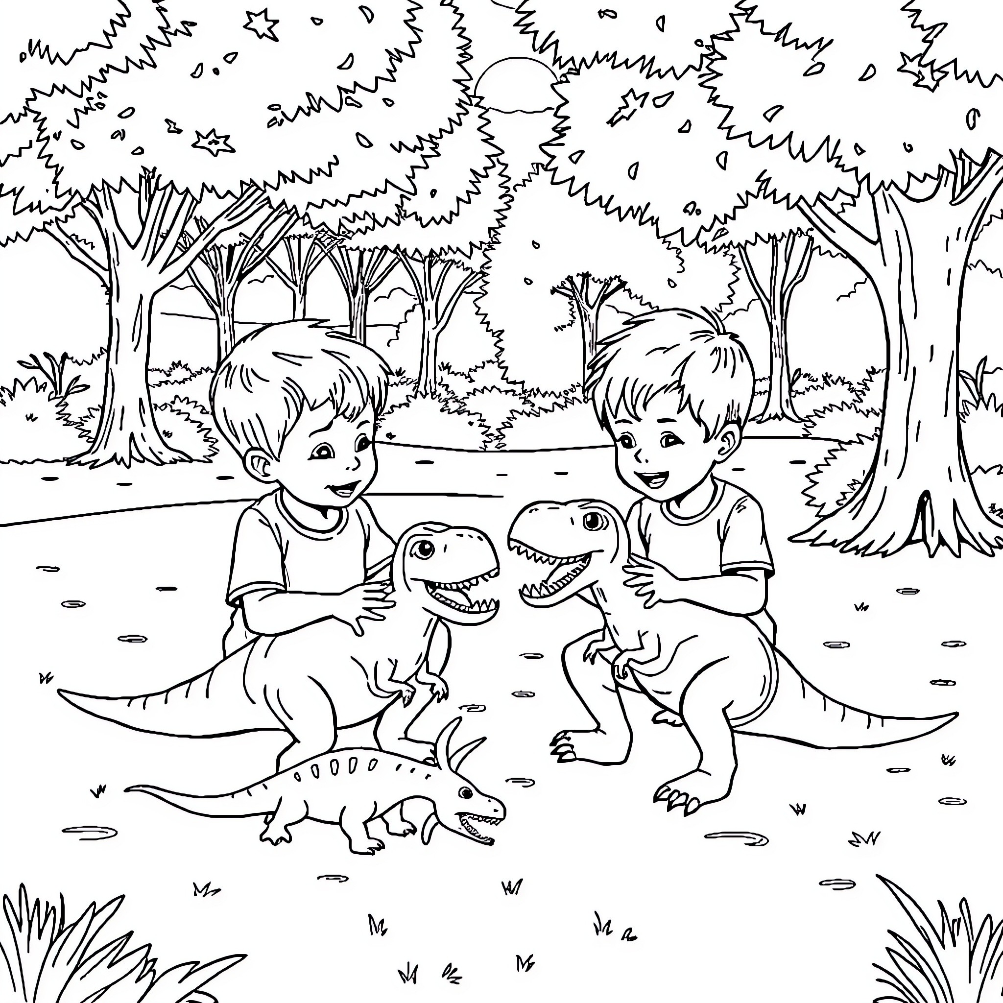 Boys playing with toy dinosaurs in the forest Coloring Page (free black-and-white line drawing printable PDF for all, from beginners to advanced learners, including children, teens, adults, and seniors)