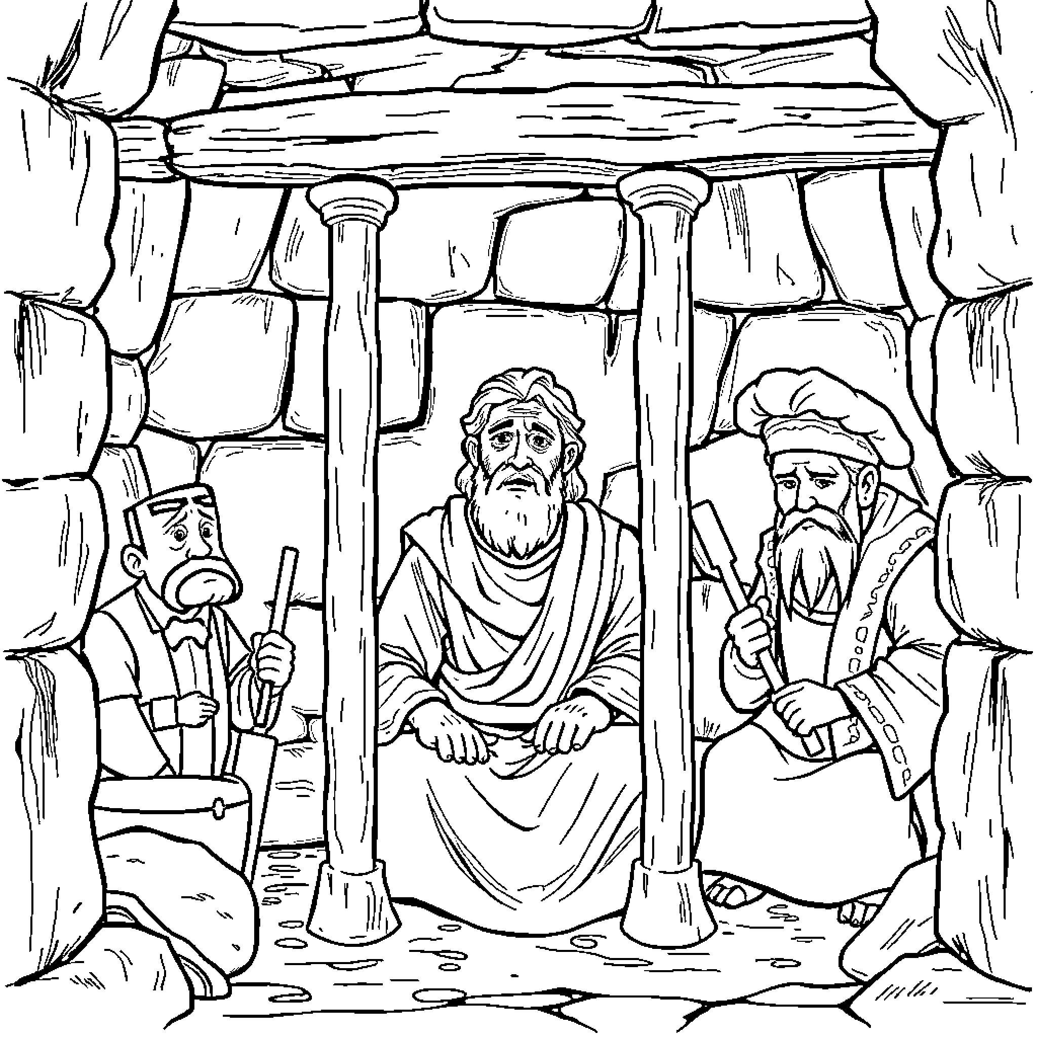 Joseph Speaks with Two Elders in Ancient Temple Coloring Page (free black-and-white line drawing printable PDF for all, from beginners to advanced learners, including children, teens, adults, and seniors)