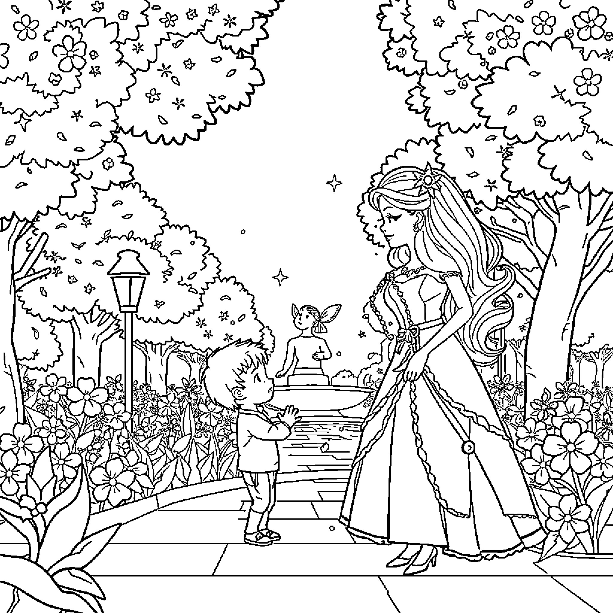 Barbie in a Magical Fairytale Garden Coloring Page (free black-and-white line drawing printable PDF for all, from beginners to advanced learners, including children, teens, adults, and seniors)