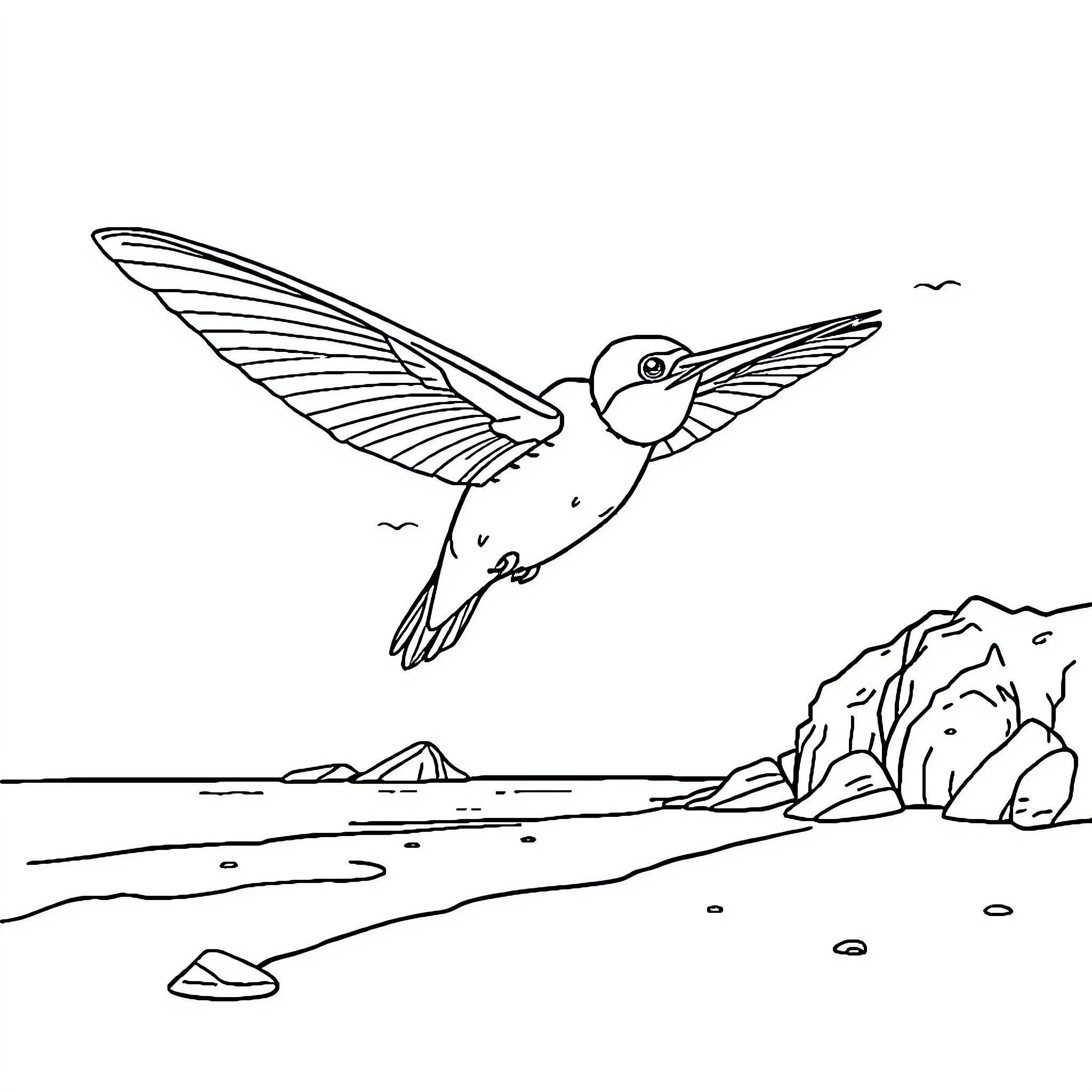 Hornet hovering gracefully over serene coastal landscape Coloring Page (free black-and-white line drawing printable PDF for all, from beginners to advanced learners, including children, teens, adults, and seniors)