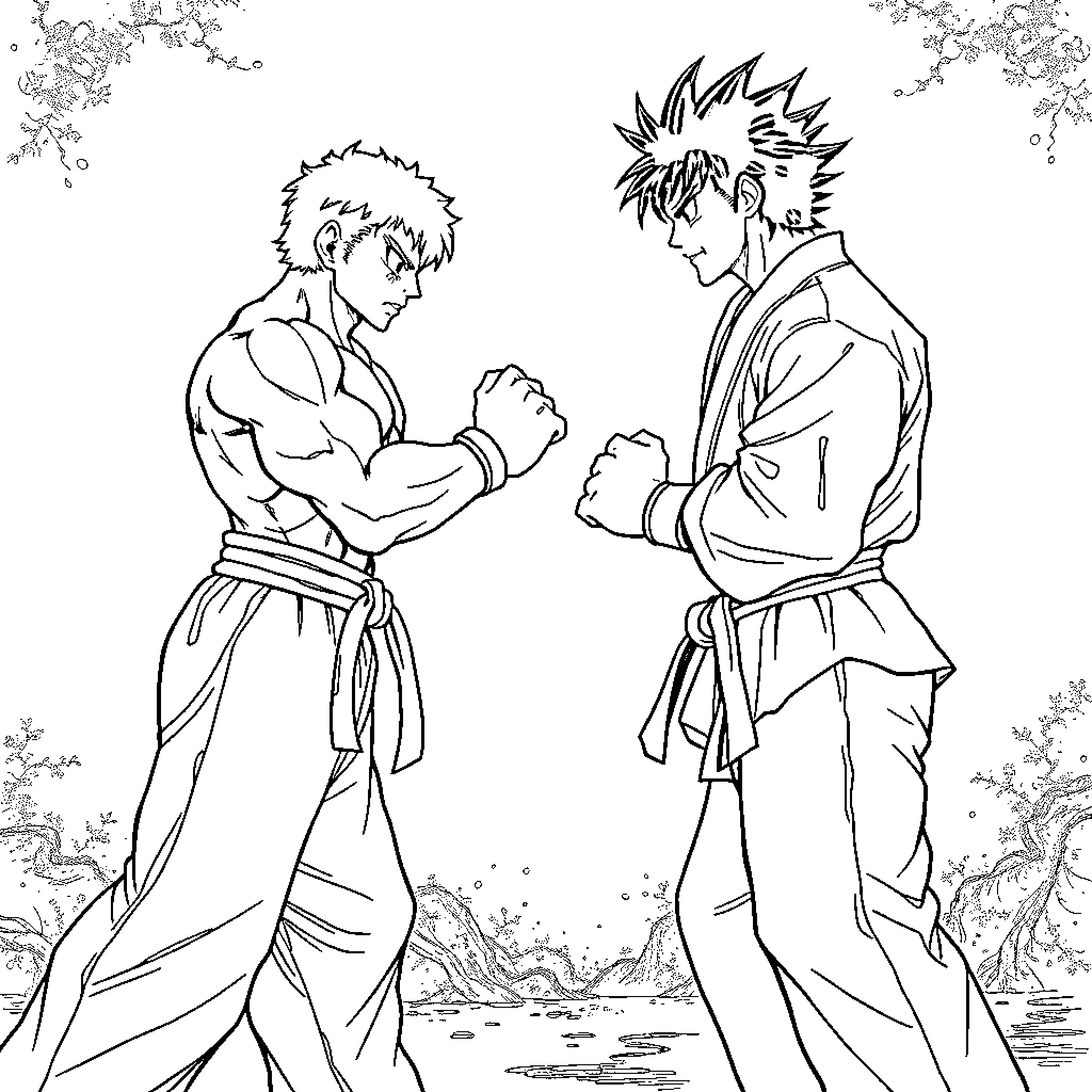 Baki - Two Muscular Fighters in Martial Arts Poses Coloring Page (free black-and-white line drawing printable PDF for all, from beginners to advanced learners, including children, teens, adults, and seniors)