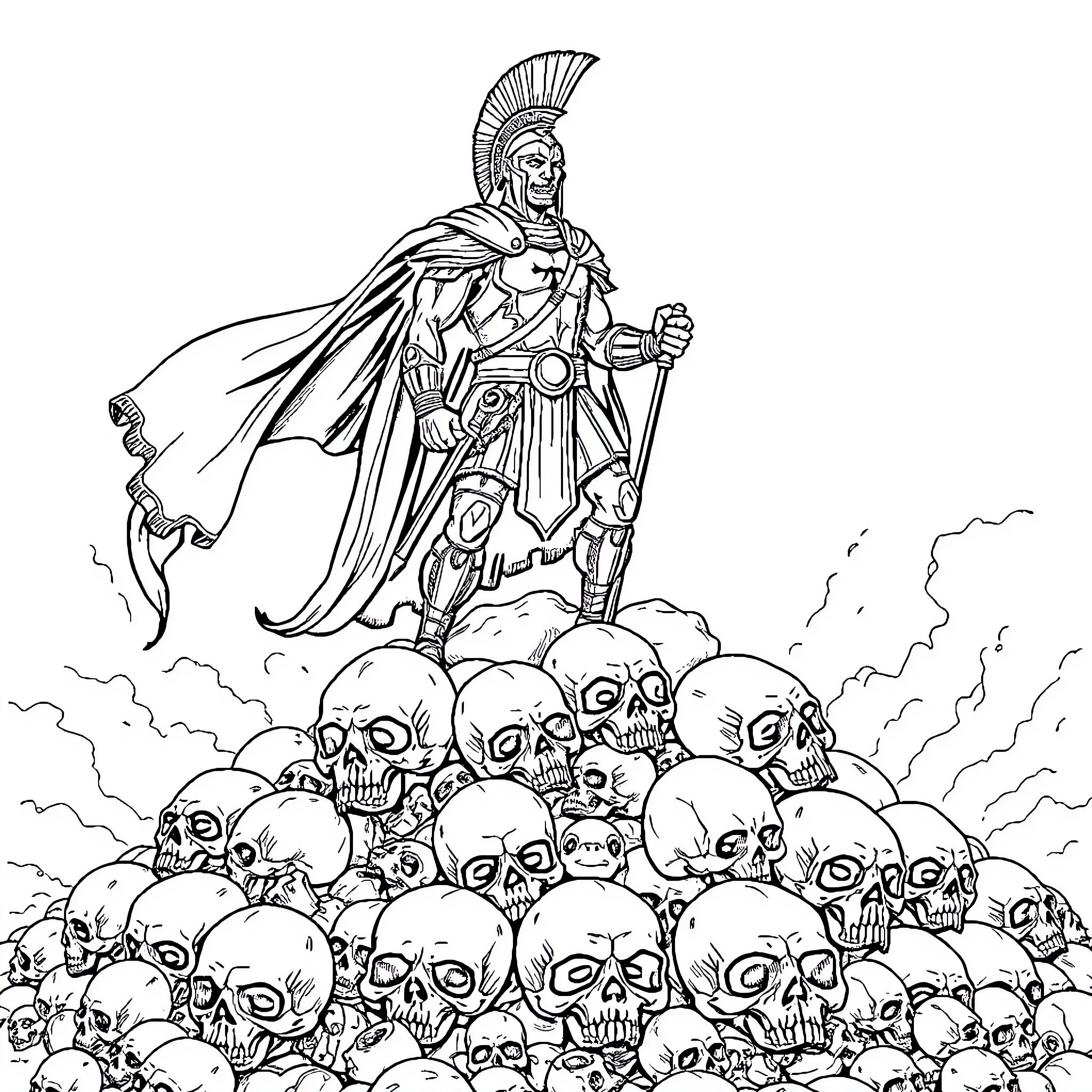 Spartan Warrior Stands Atop a Pile of Skulls Coloring Page (free black-and-white line drawing printable PDF for all, from beginners to advanced learners, including children, teens, adults, and seniors)