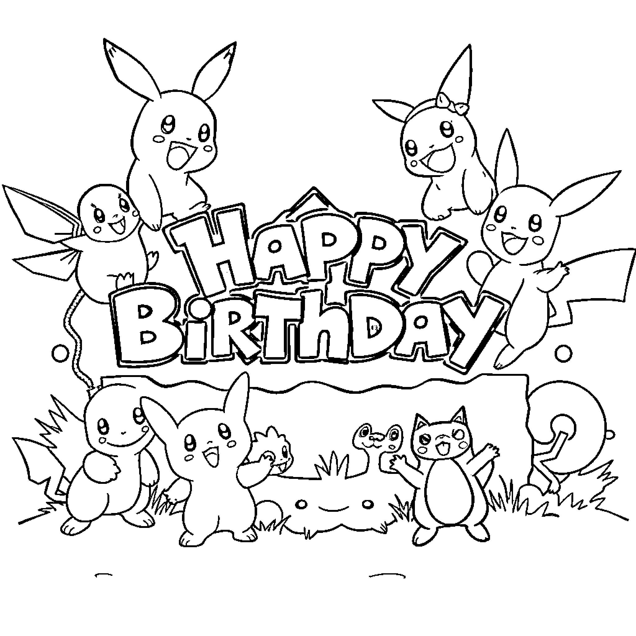 Pokémon characters celebrating a happy birthday Coloring Page (free black-and-white line drawing printable PDF for all, from beginners to advanced learners, including children, teens, adults, and seniors)