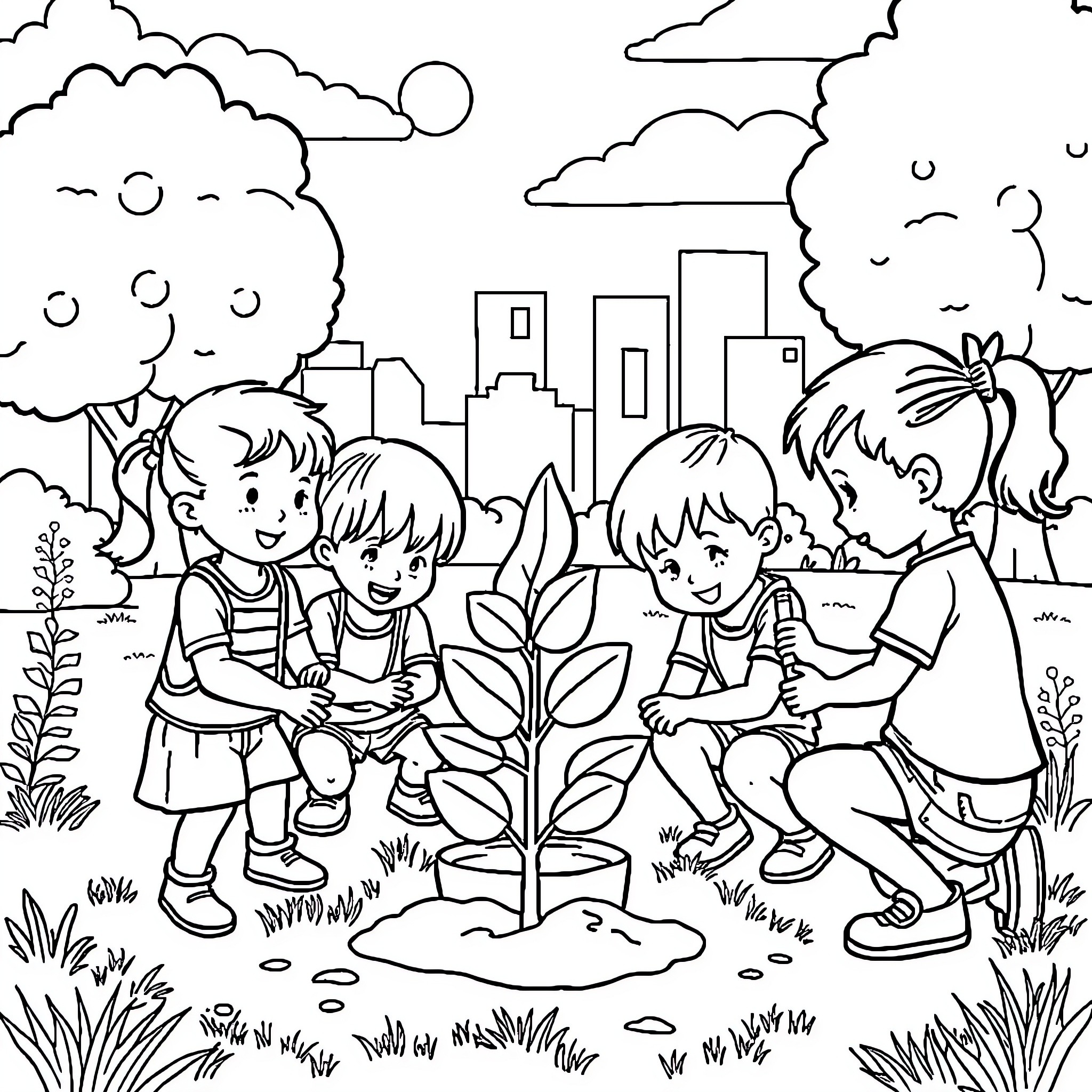 Kid planting trees in urban park with friends Coloring Page (free black-and-white line drawing printable PDF for all, from beginners to advanced learners, including children, teens, adults, and seniors)