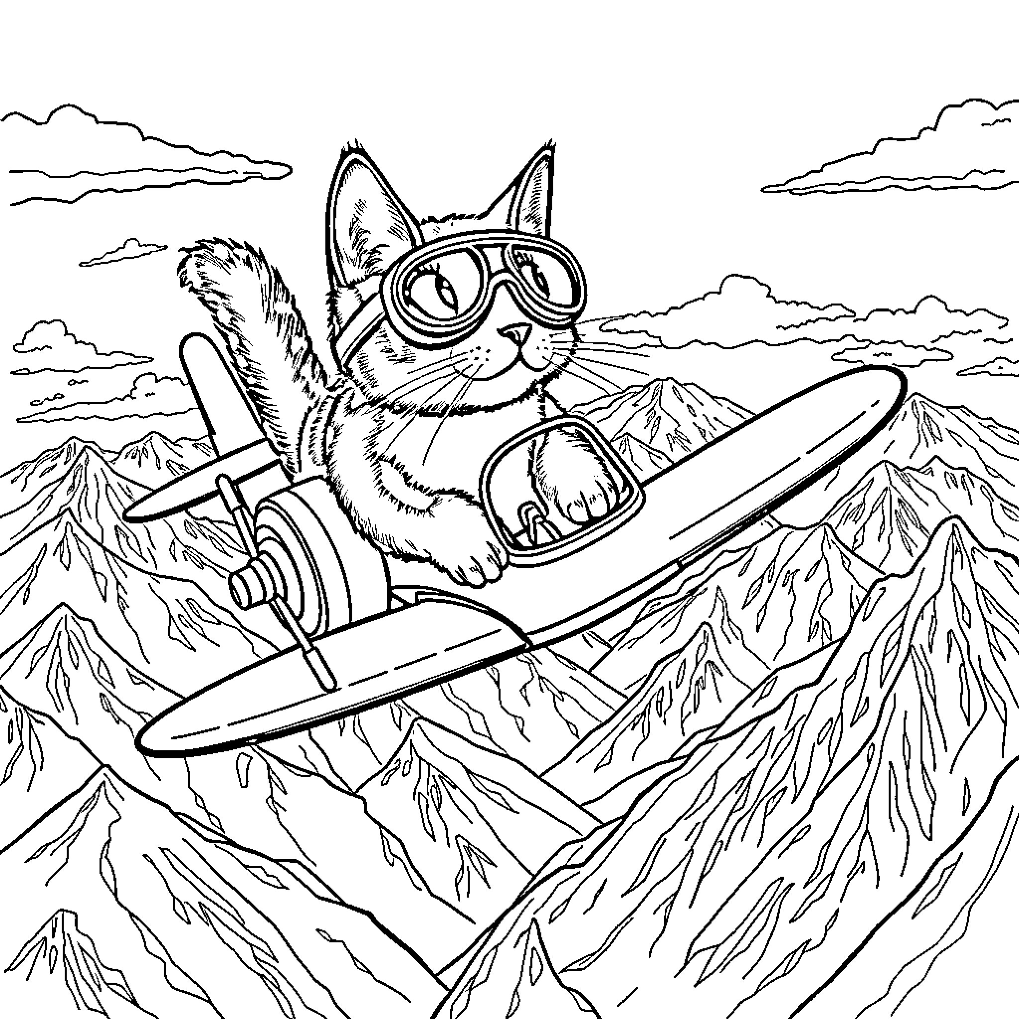 Cat flying a plane through the mountains Coloring Page (free black-and-white line drawing printable PDF for all, from beginners to advanced learners, including children, teens, adults, and seniors)
