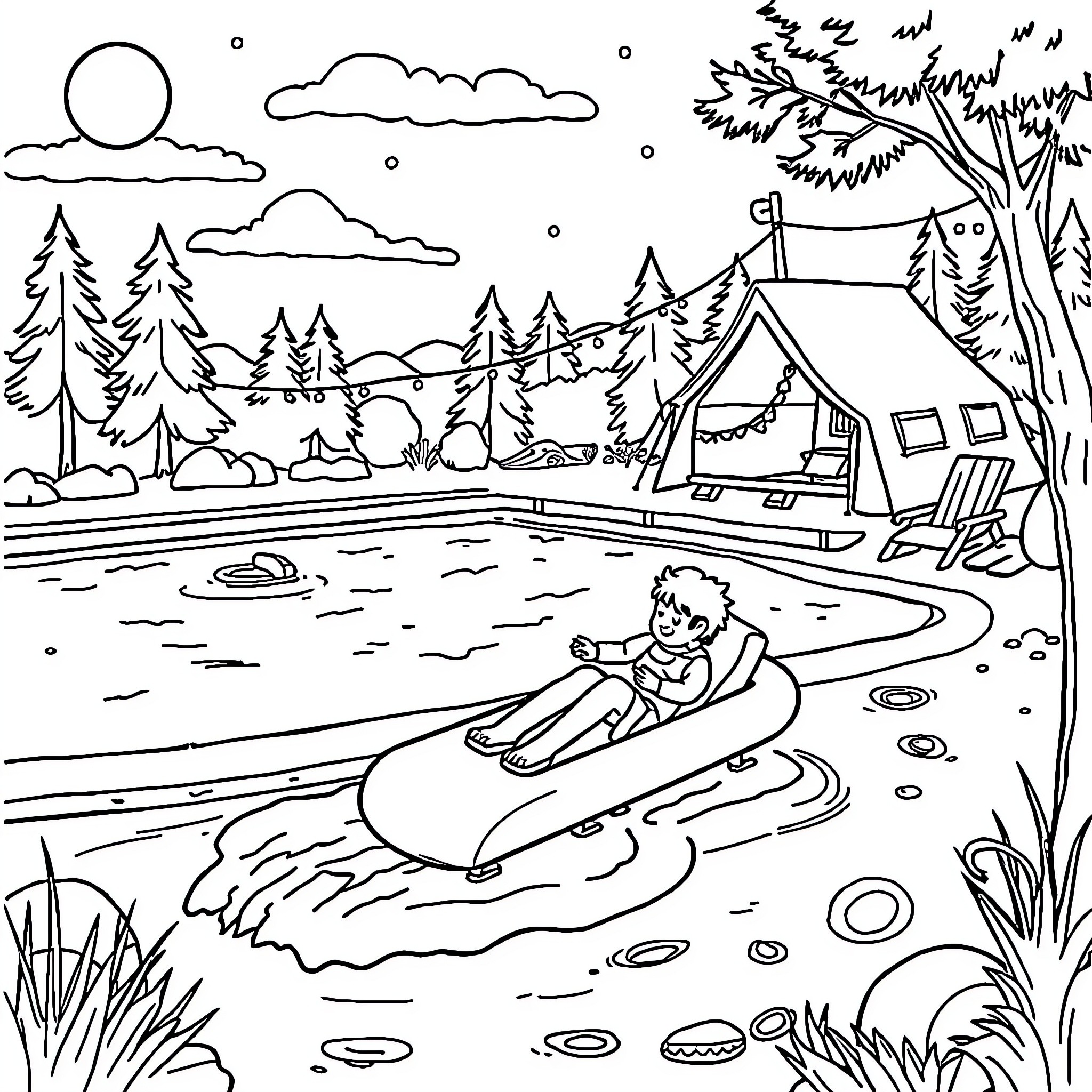 Camping fun at the lakeside retreat Coloring Page (free black-and-white line drawing printable PDF for all, from beginners to advanced learners, including children, teens, adults, and seniors)