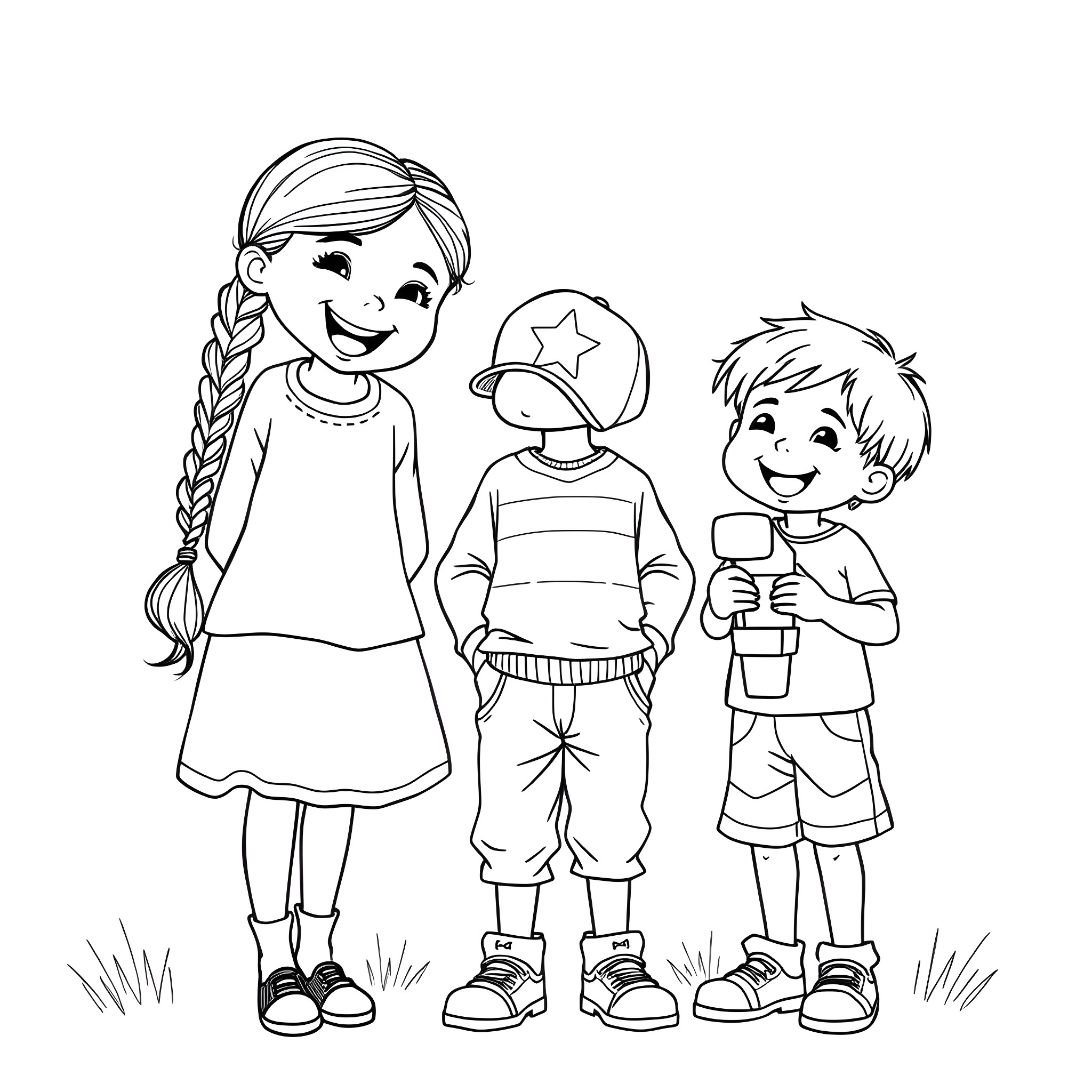 Kids playing happily together in the park Coloring Page (free black-and-white line drawing printable PDF for all, from beginners to advanced learners, including children, teens, adults, and seniors)