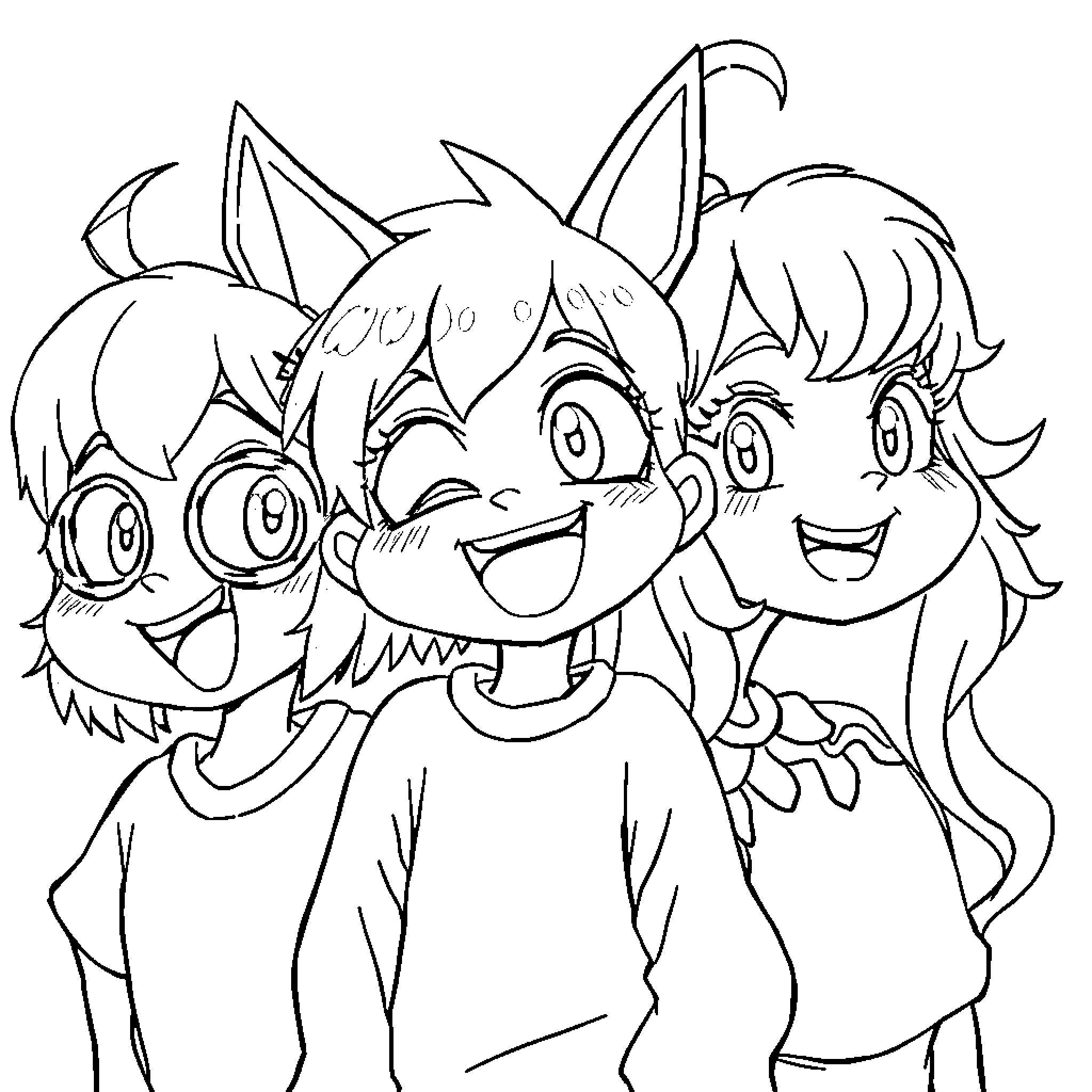 Anime Trio of Cheerful Anime Characters Coloring Page (free black-and-white line drawing printable PDF for all, from beginners to advanced learners, including children, teens, adults, and seniors)