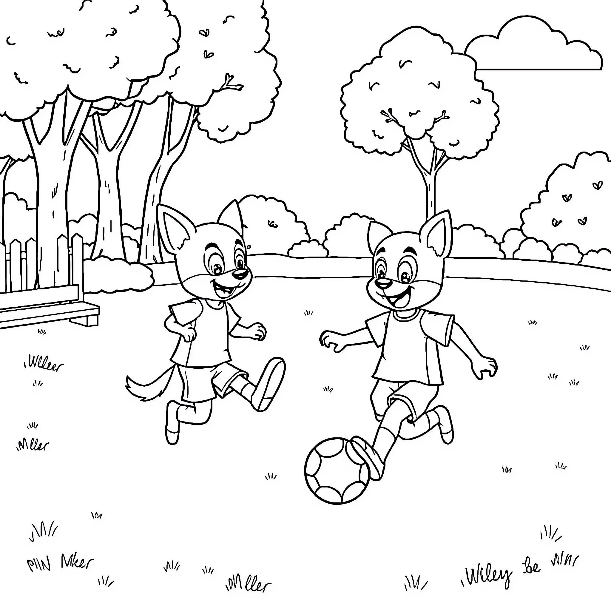 Bluey and friends playing with a soccer ball in the park Coloring Page (free black-and-white line drawing printable PDF for all, from beginners to advanced learners, including children, teens, adults, and seniors)
