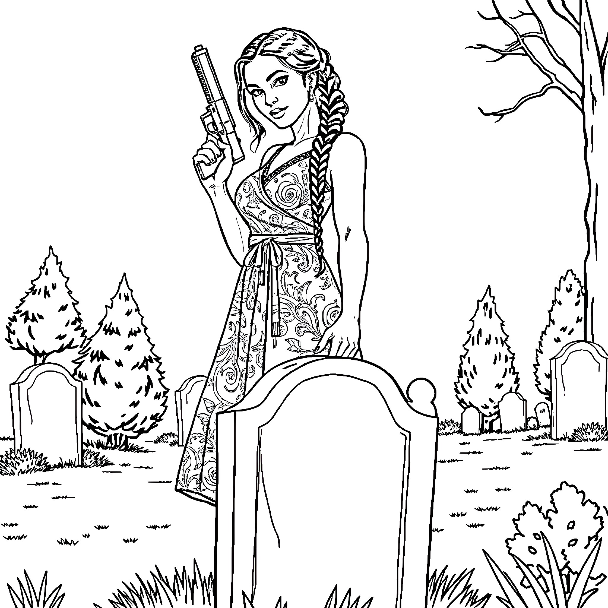 Woman Holding Pistol in Nature Scene Coloring Page (free black-and-white line drawing printable PDF for all, from beginners to advanced learners, including children, teens, adults, and seniors)