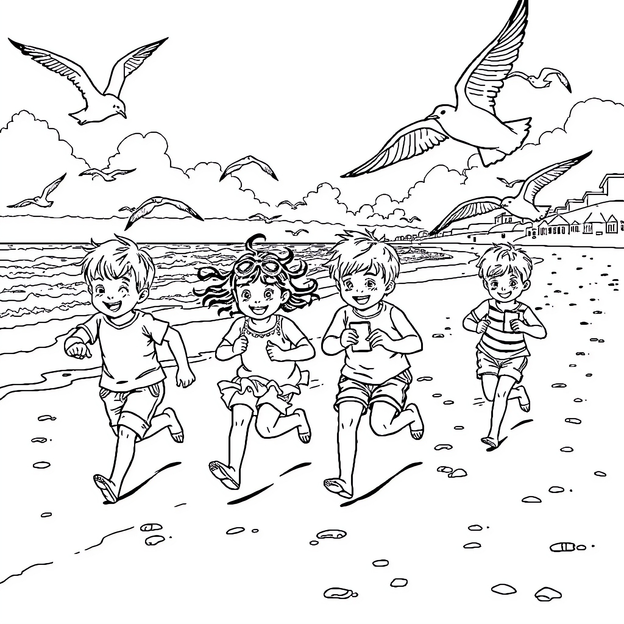 Children playing joyfully on the beach Coloring Page (free black-and-white line drawing printable PDF for all, from beginners to advanced learners, including children, teens, adults, and seniors)