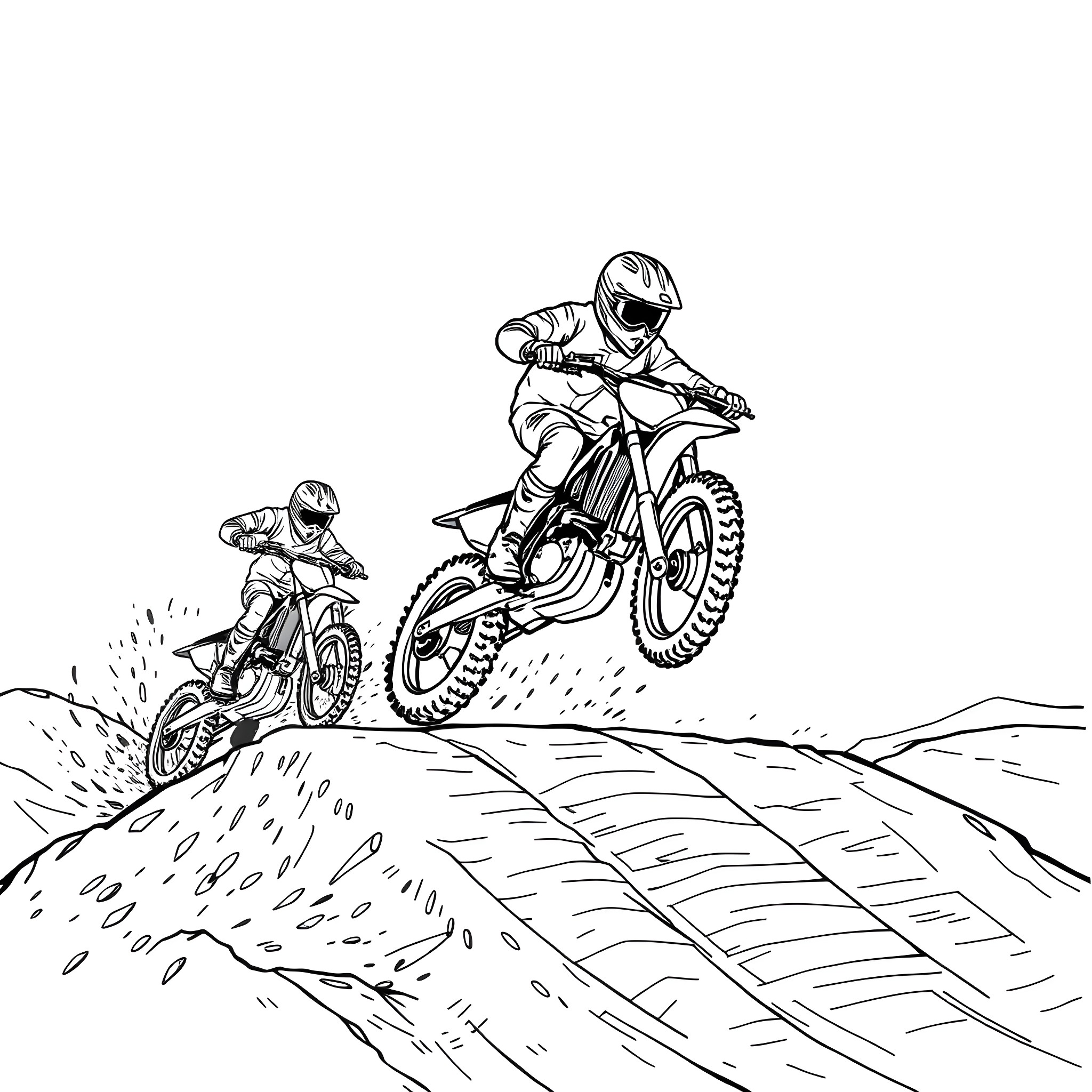 Supercross motocross racers in action Coloring Page (free black-and-white line drawing printable PDF for all, from beginners to advanced learners, including children, teens, adults, and seniors)