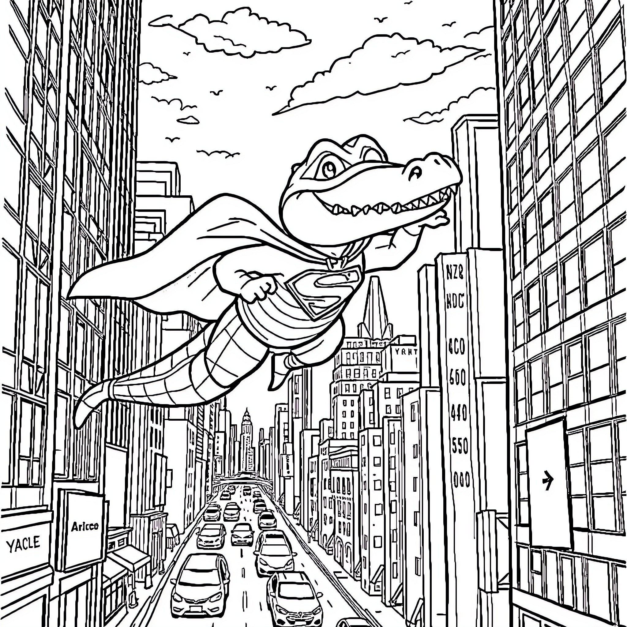 Crocodile soaring through the city skyline Coloring Page (free black-and-white line drawing printable PDF for all, from beginners to advanced learners, including children, teens, adults, and seniors)
