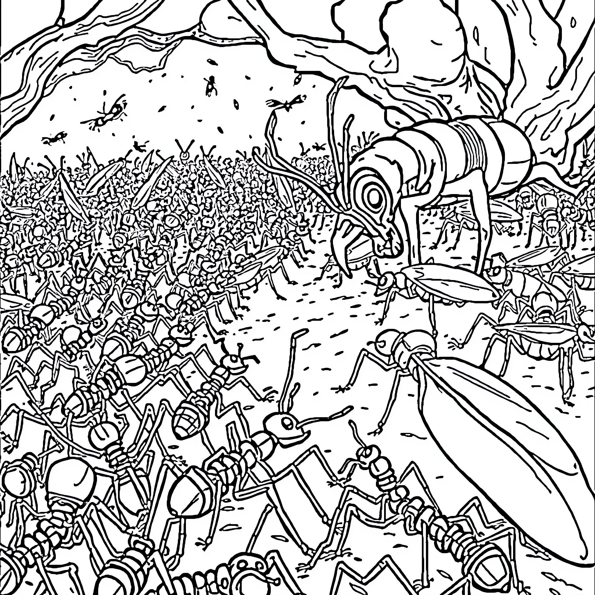 Ant army marching through the forest Coloring Page (free black-and-white line drawing printable PDF for all, from beginners to advanced learners, including children, teens, adults, and seniors)