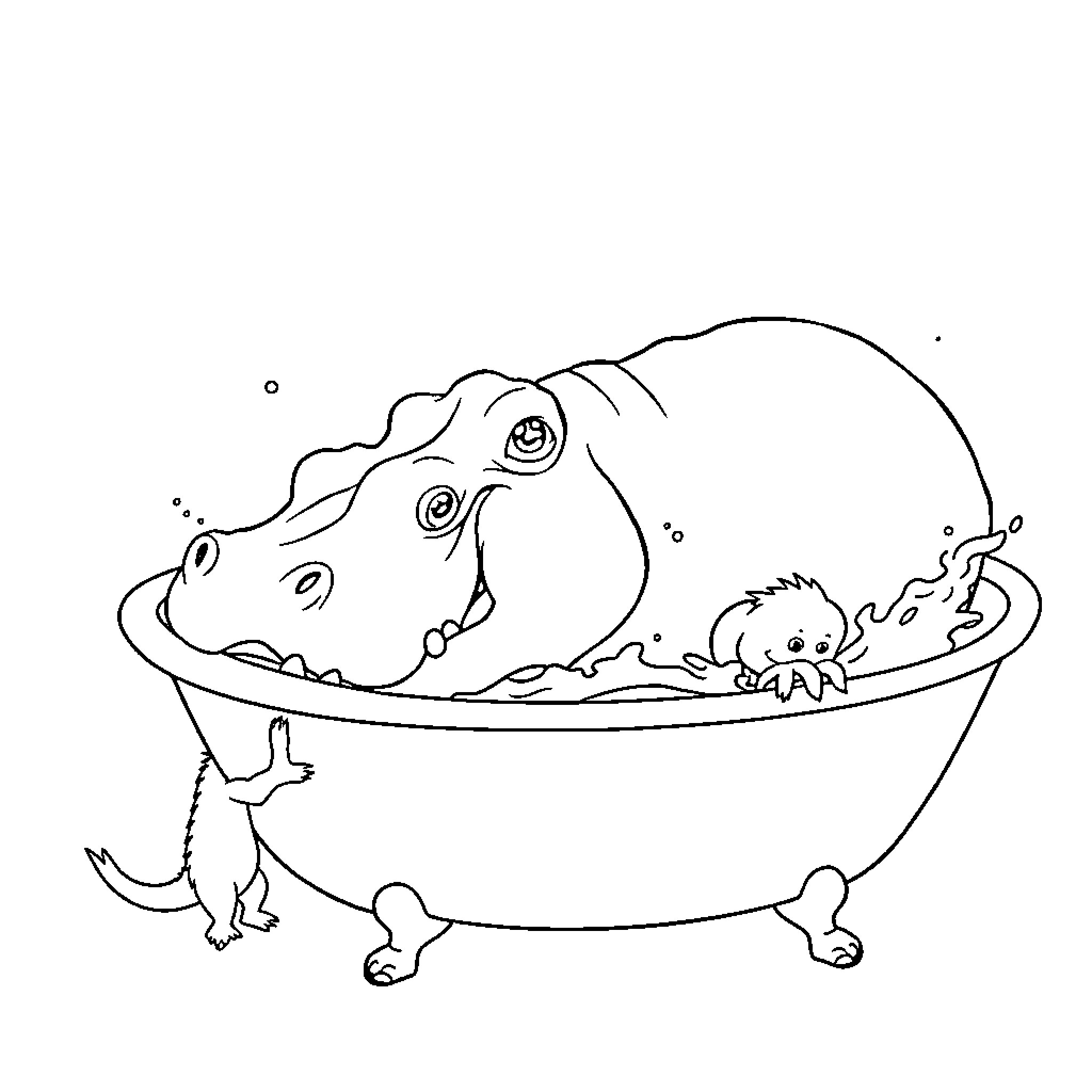Hippo relaxing in a bubbly bathtub Coloring Page (free black-and-white line drawing printable PDF for all, from beginners to advanced learners, including children, teens, adults, and seniors)