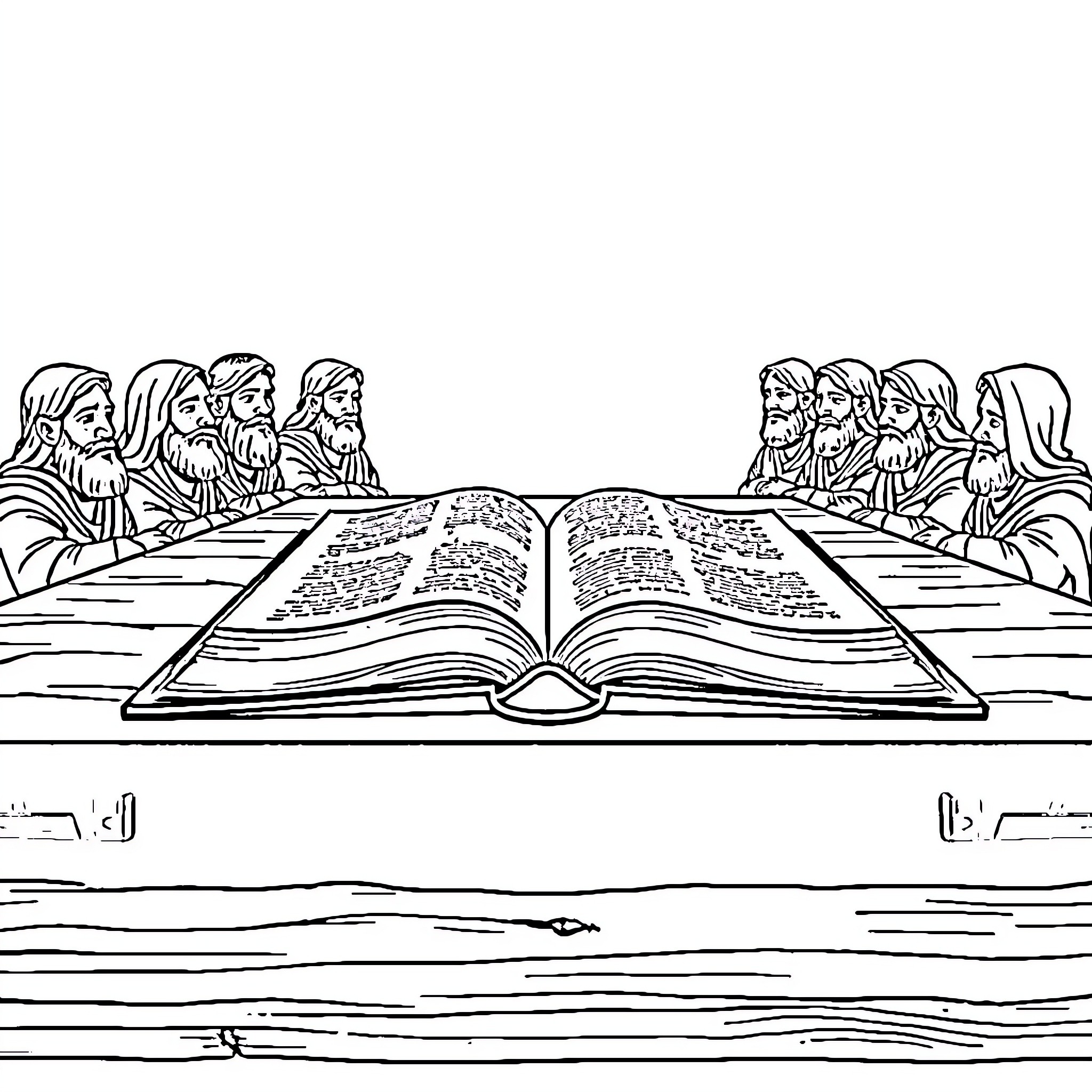 Bible scholars studying the scriptures together Coloring Page (free black-and-white line drawing printable PDF for all, from beginners to advanced learners, including children, teens, adults, and seniors)