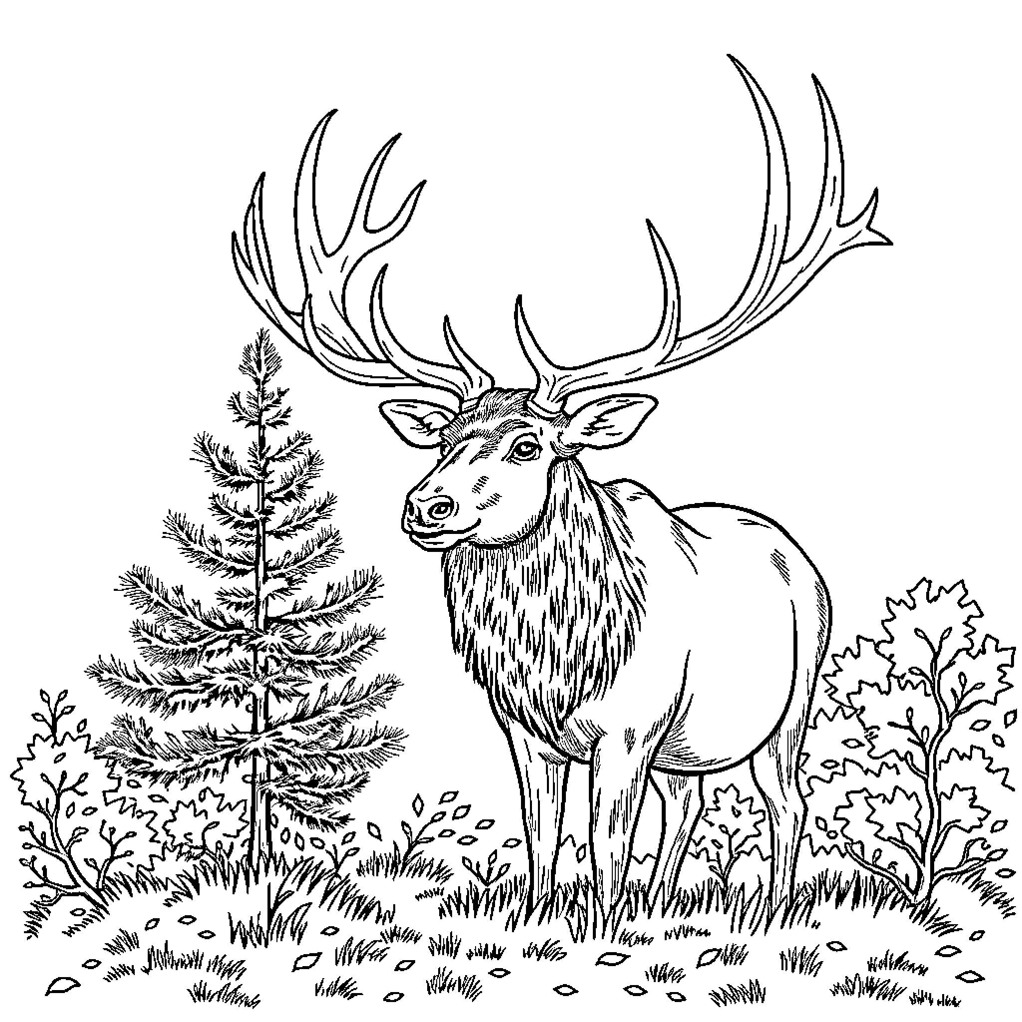 Elk standing majestically in a woodland scene Coloring Page (free black-and-white line drawing printable PDF for all, from beginners to advanced learners, including children, teens, adults, and seniors)