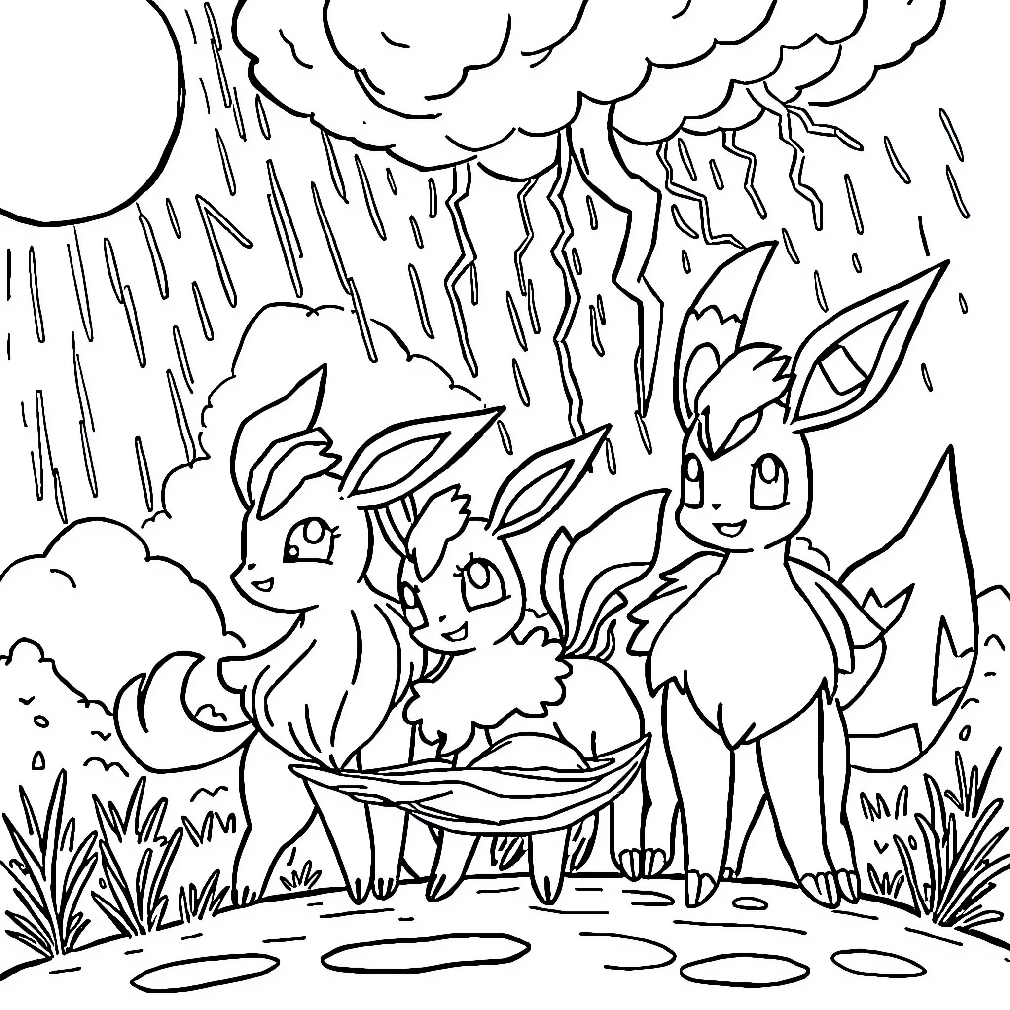 Eevee family enjoying a rainy day together Coloring Page (free black-and-white line drawing printable PDF for all, from beginners to advanced learners, including children, teens, adults, and seniors)