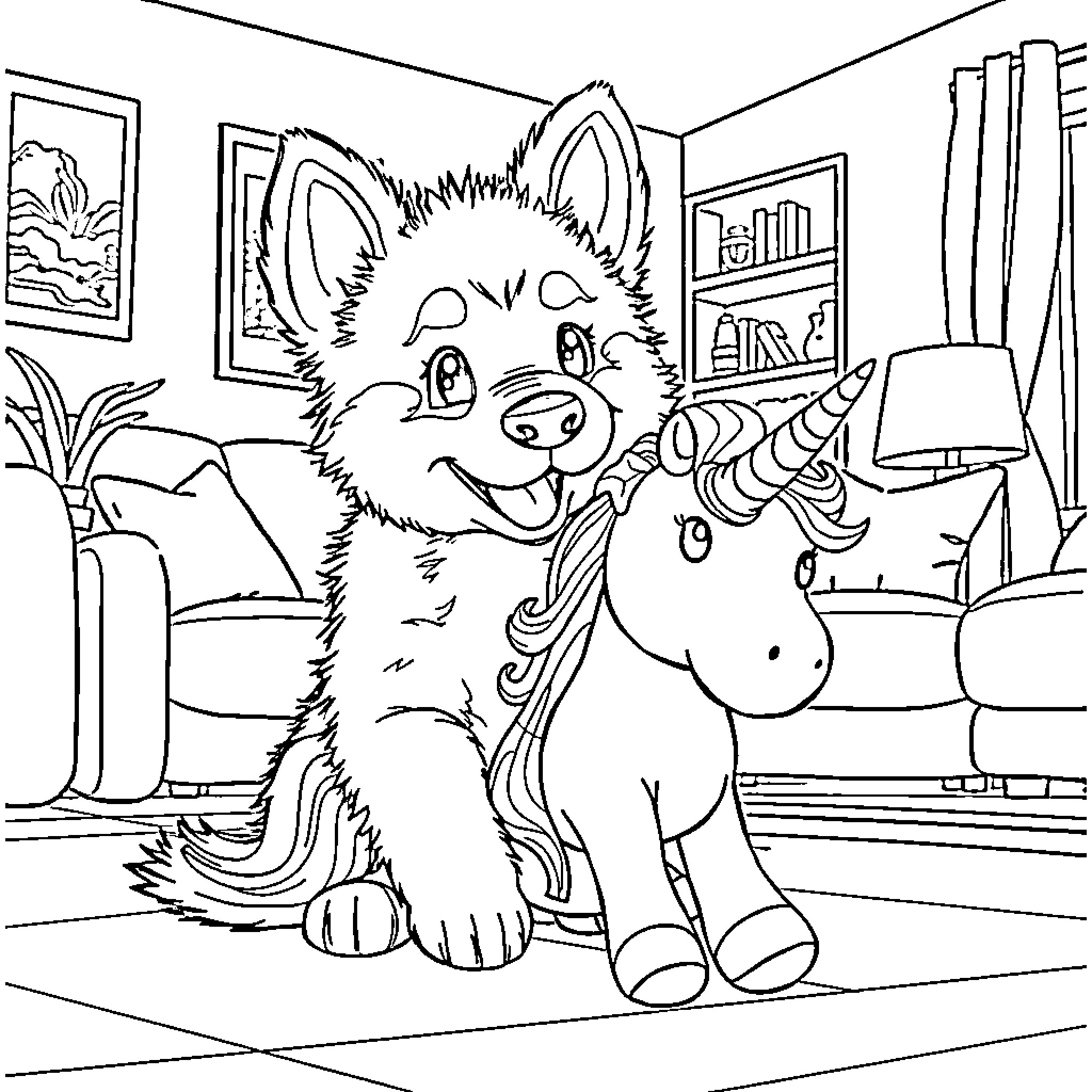 Bluey playing with unicorn toy in room Coloring Page (free black-and-white line drawing printable PDF for all, from beginners to advanced learners, including children, teens, adults, and seniors)
