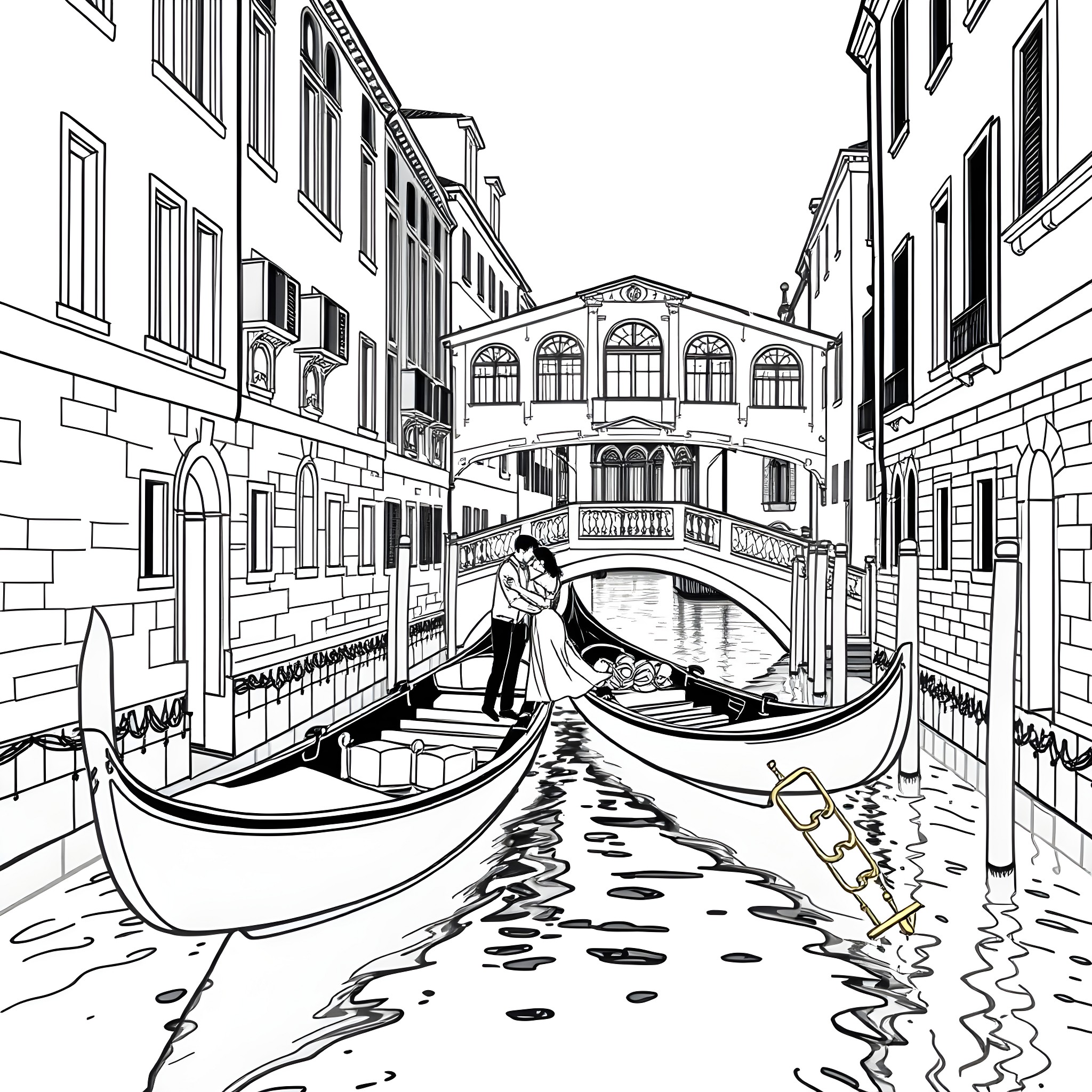 Romance in the Venetian Gondola Coloring Page (free black-and-white line drawing printable PDF for all, from beginners to advanced learners, including children, teens, adults, and seniors)