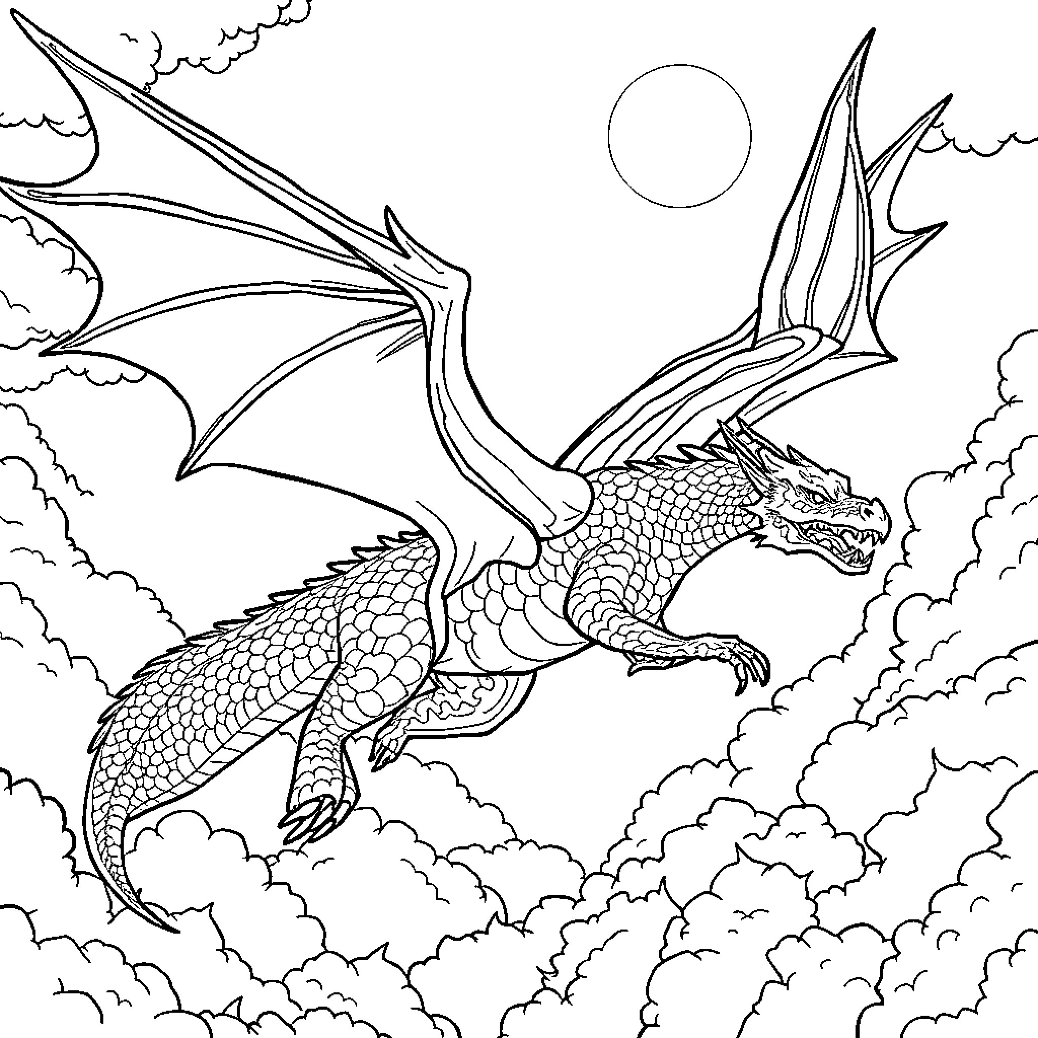 Dragon soaring through the cloudy skies Coloring Page (free black-and-white line drawing printable PDF for all, from beginners to advanced learners, including children, teens, adults, and seniors)