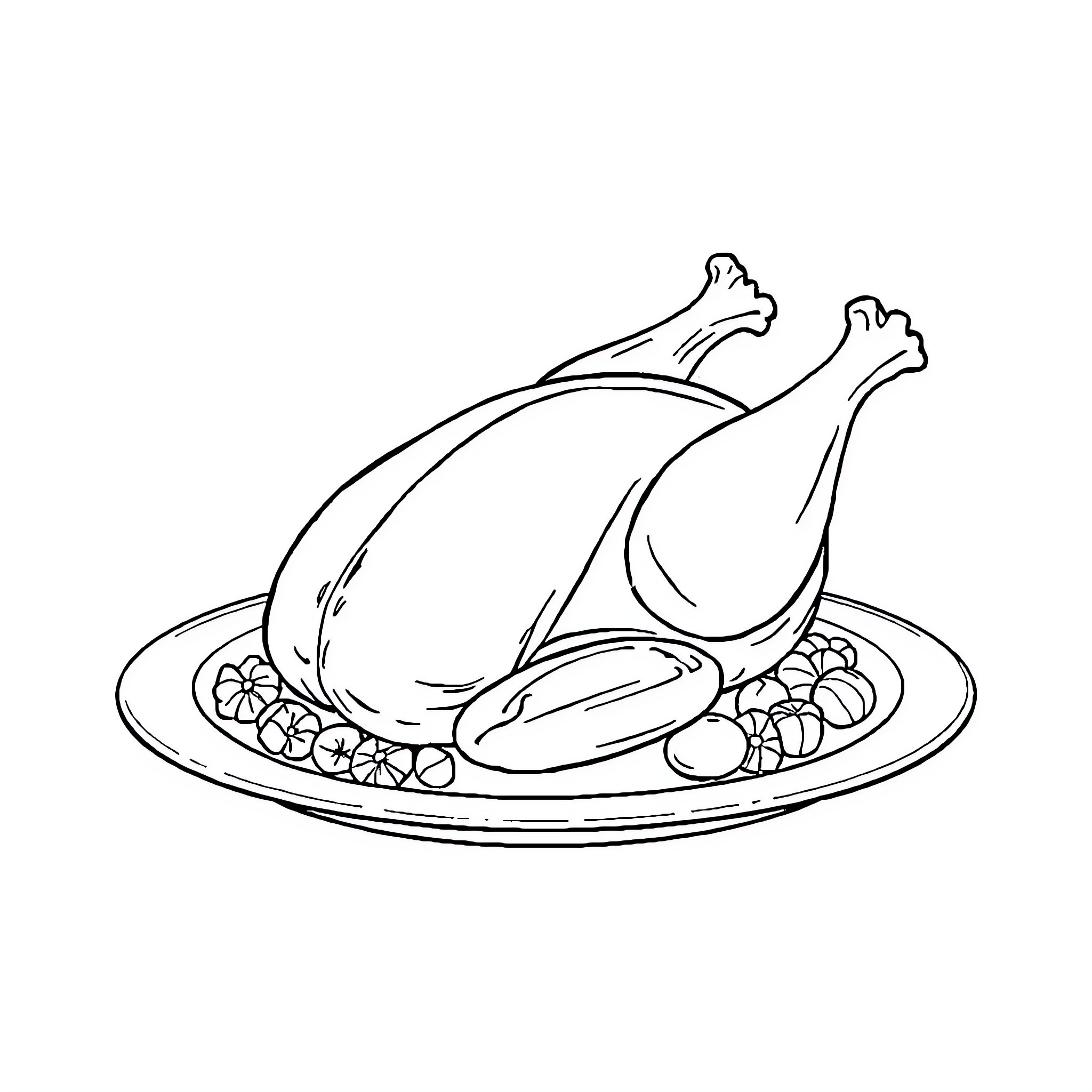 Chicken roasted on a platter with vegetables Coloring Page (free black-and-white line drawing printable PDF for all, from beginners to advanced learners, including children, teens, adults, and seniors)