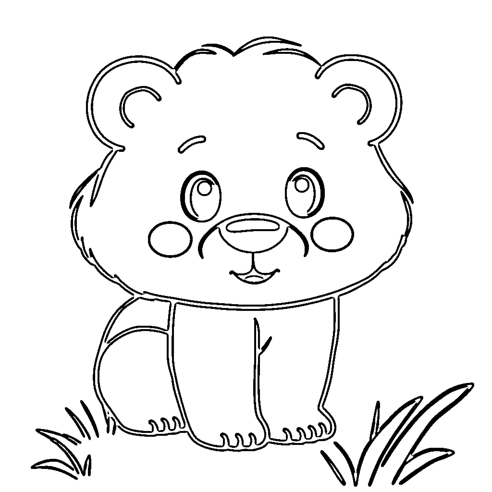 Bear cub smiling on grassy field Coloring Page (free black-and-white line drawing printable PDF for all, from beginners to advanced learners, including children, teens, adults, and seniors)