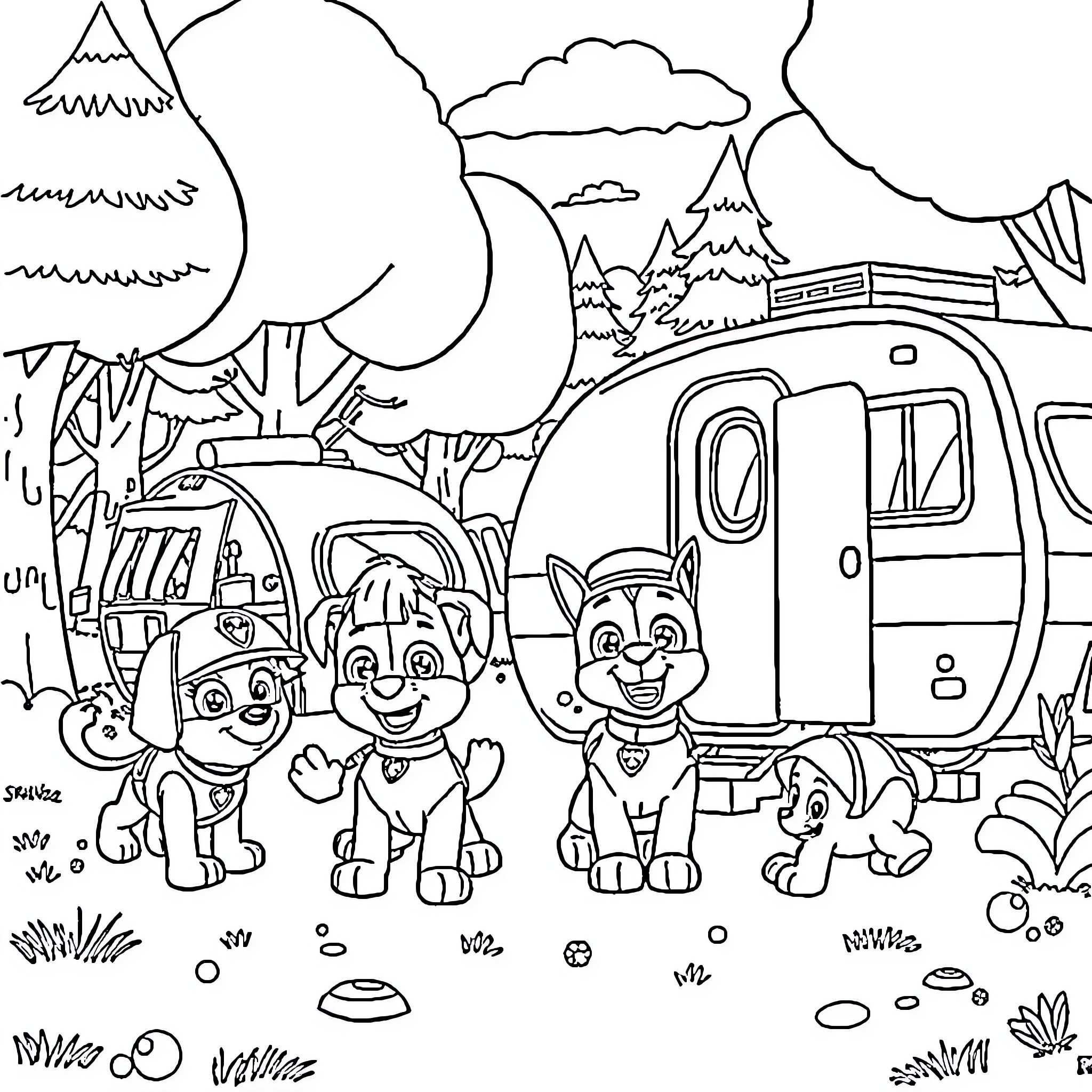 Paw Patrol pups exploring the outdoors Coloring Page (free black-and-white line drawing printable PDF for all, from beginners to advanced learners, including children, teens, adults, and seniors)