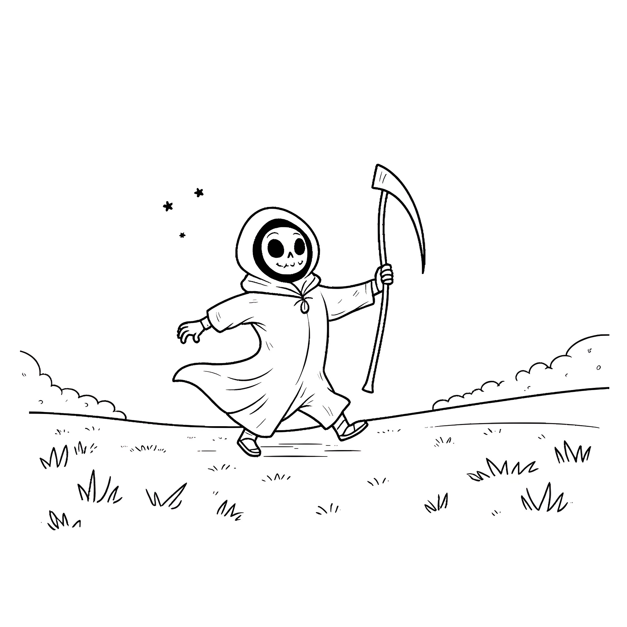 Grim Reaper dancing in the meadow Coloring Page (free black-and-white line drawing printable PDF for all, from beginners to advanced learners, including children, teens, adults, and seniors)