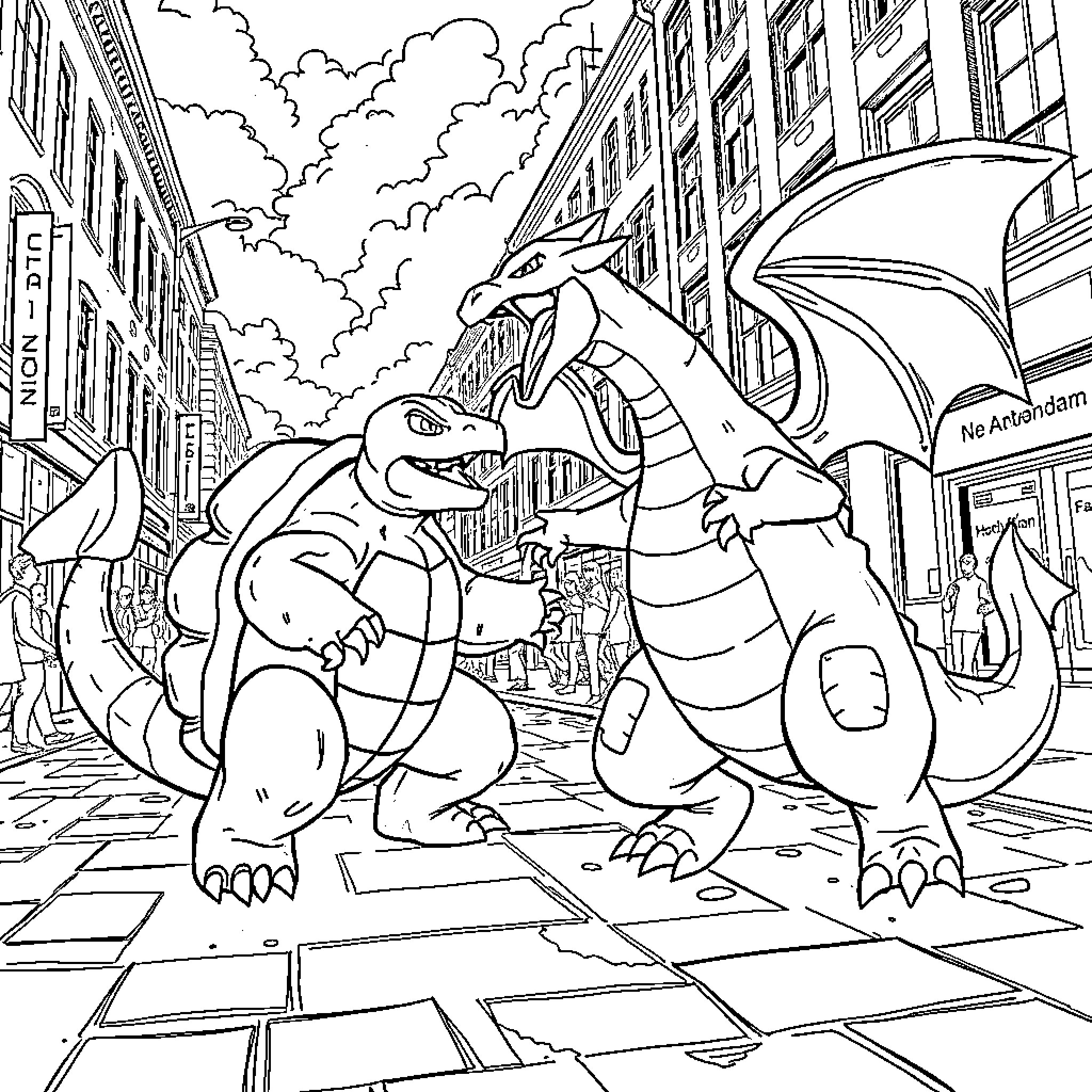 Blastoise Unleashing Power in the City Coloring Page (free black-and-white line drawing printable PDF for all, from beginners to advanced learners, including children, teens, adults, and seniors)