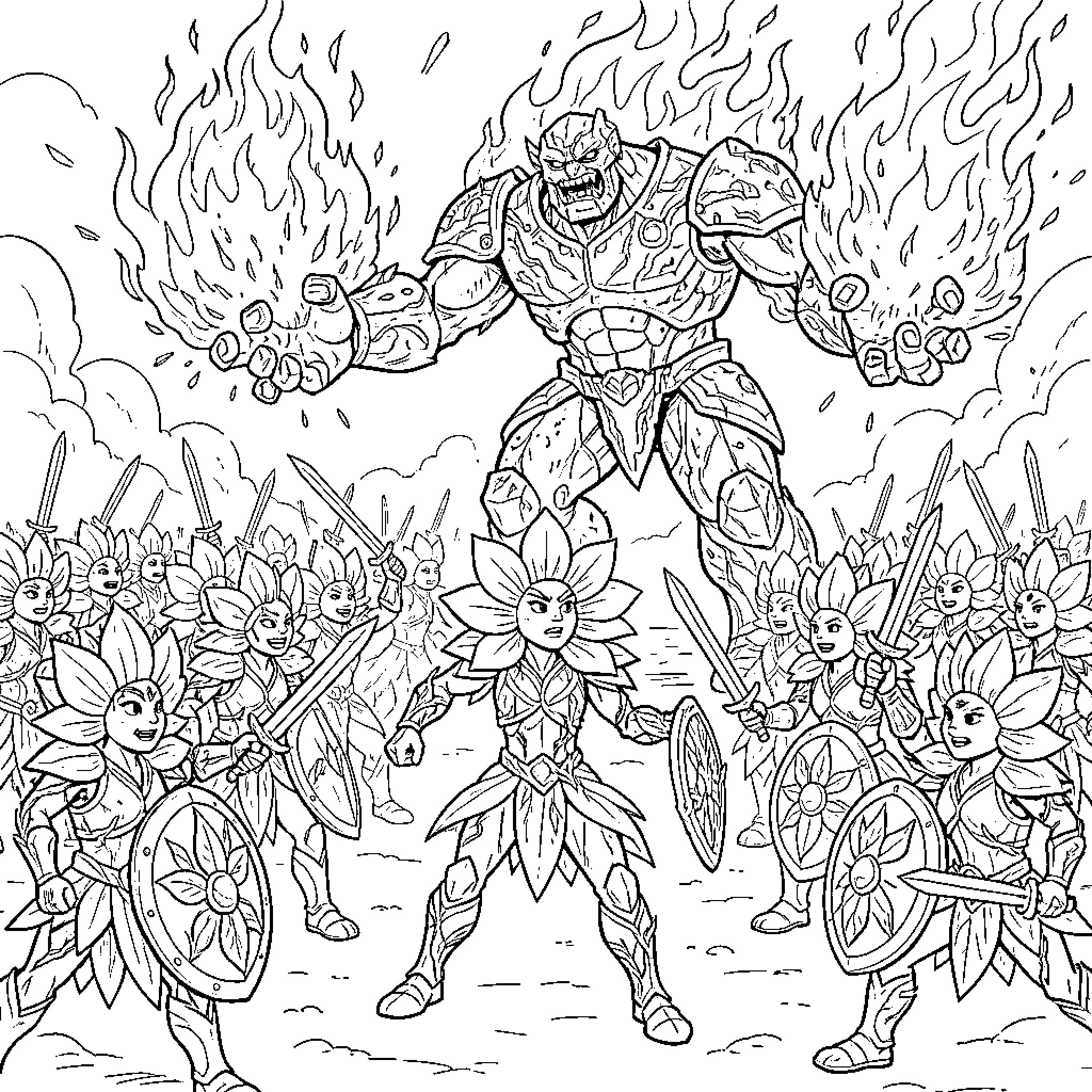 Flower Champion battles heroic flower warriors Coloring Page (free black-and-white line drawing printable PDF for all, from beginners to advanced learners, including children, teens, adults, and seniors)