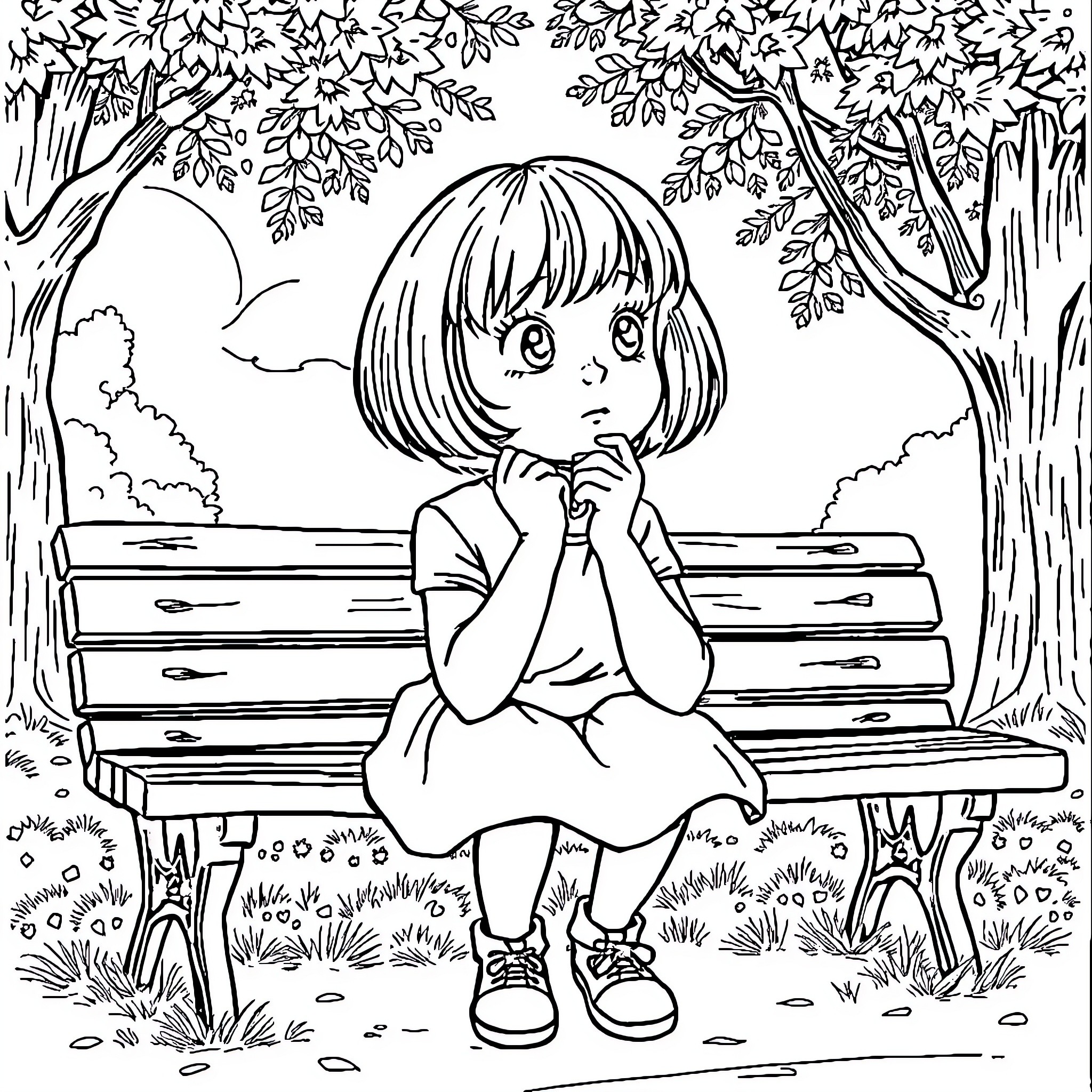 Mafalda sitting alone on a park bench Coloring Page (free black-and-white line drawing printable PDF for all, from beginners to advanced learners, including children, teens, adults, and seniors)