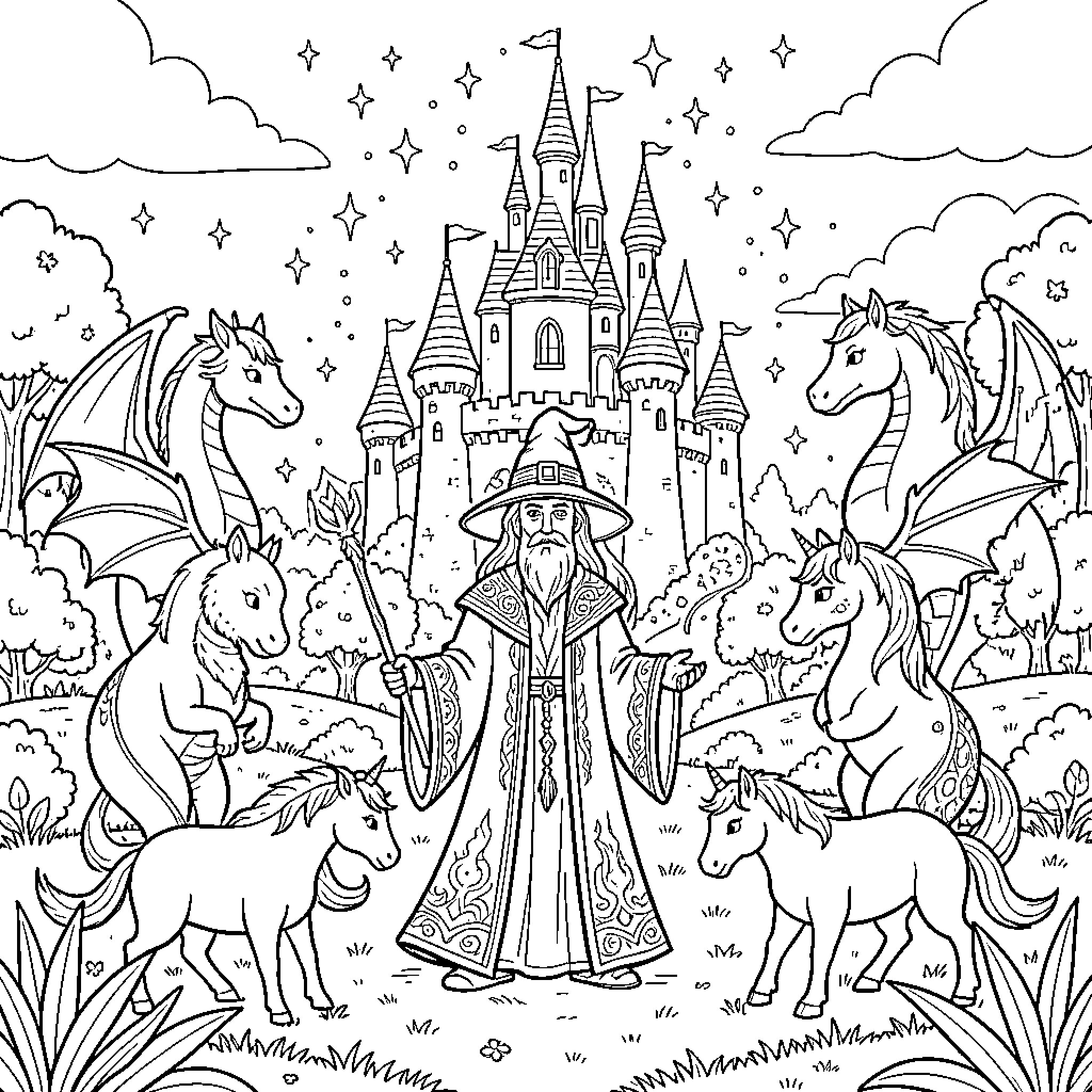 Wizard surrounded by magical creatures in enchanted realm Coloring Page (free black-and-white line drawing printable PDF for all, from beginners to advanced learners, including children, teens, adults, and seniors)