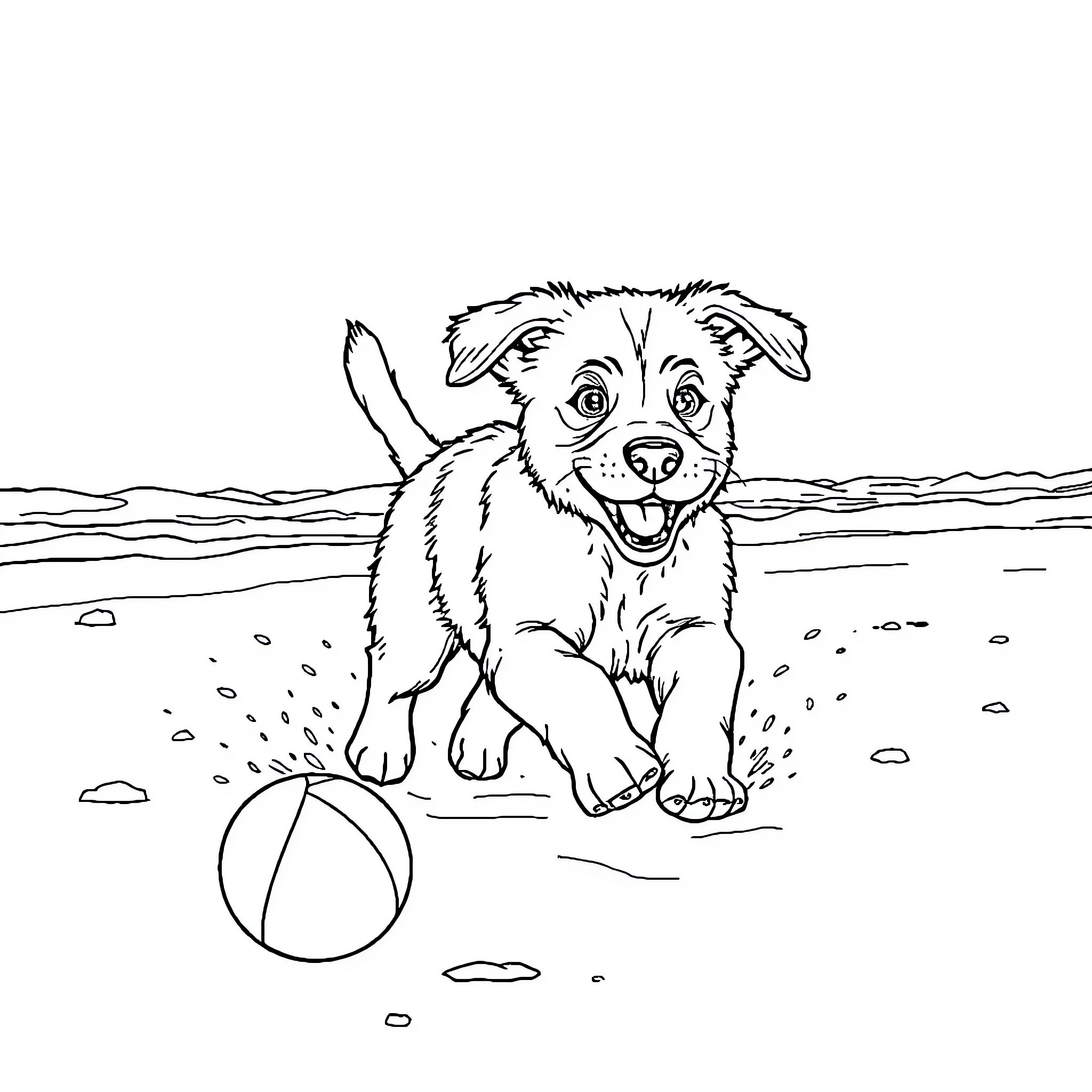 Puppy playing happily with beach ball on the shore Coloring Page (free black-and-white line drawing printable PDF for all, from beginners to advanced learners, including children, teens, adults, and seniors)