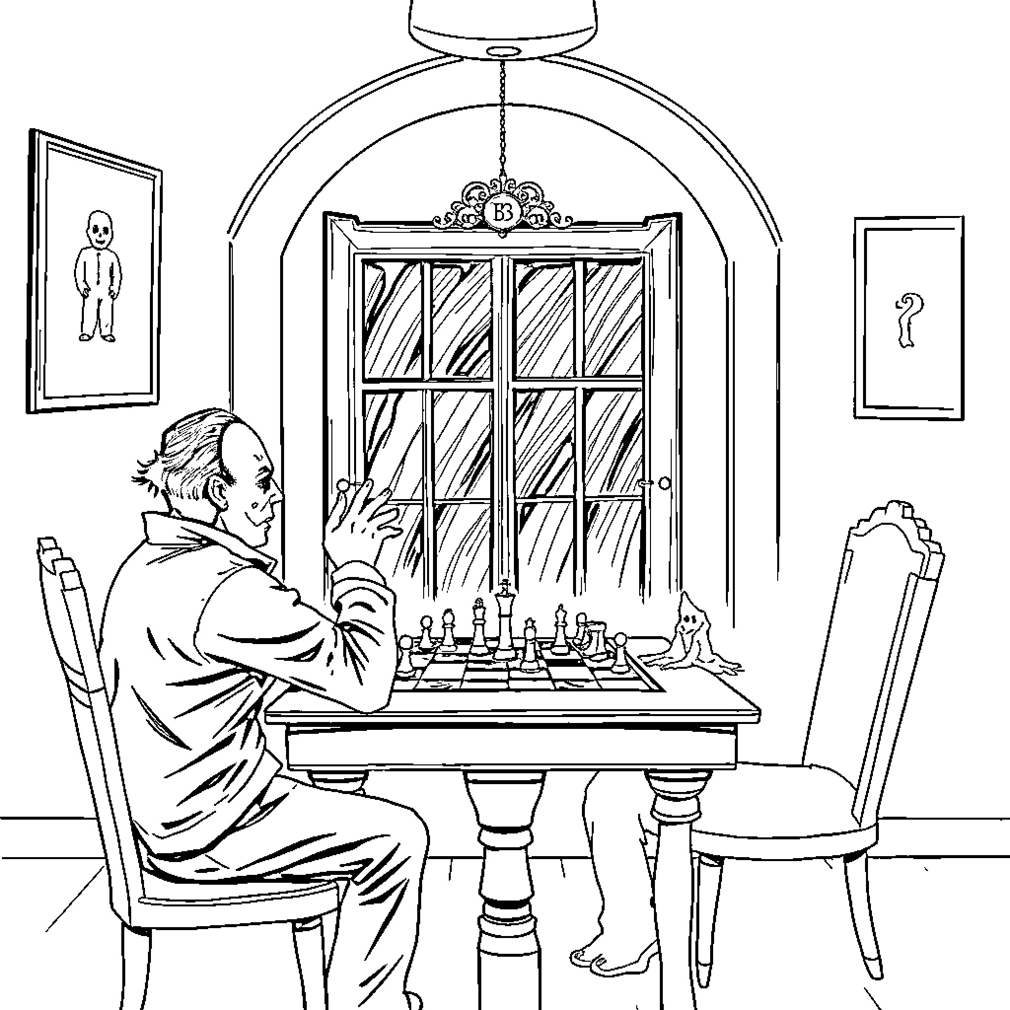 Michael Myers playing a game of chess in an eerie room Coloring Page (free black-and-white line drawing printable PDF for all, from beginners to advanced learners, including children, teens, adults, and seniors)