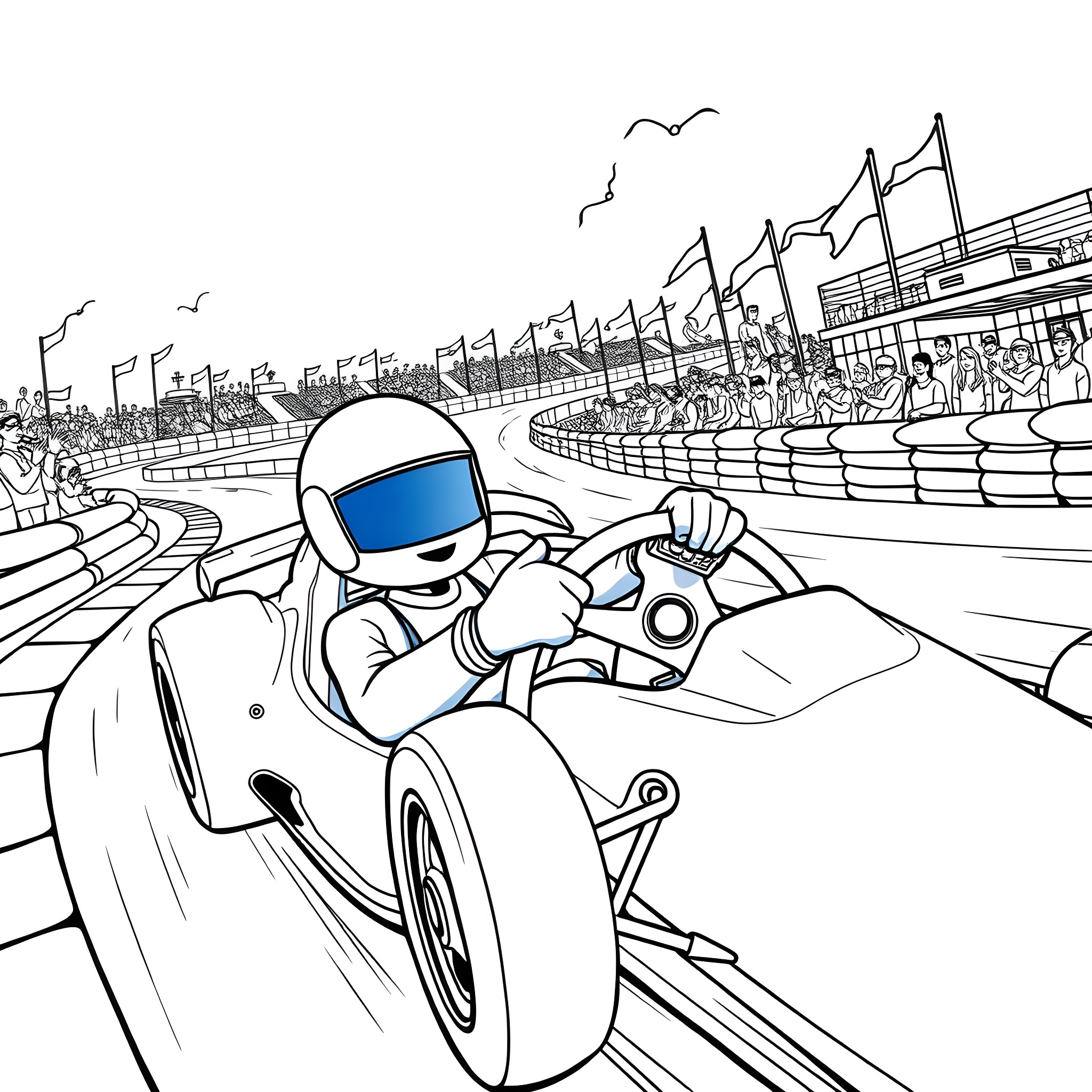 Bluey racing with excitement at the speedway Coloring Page (free black-and-white line drawing printable PDF for all, from beginners to advanced learners, including children, teens, adults, and seniors)
