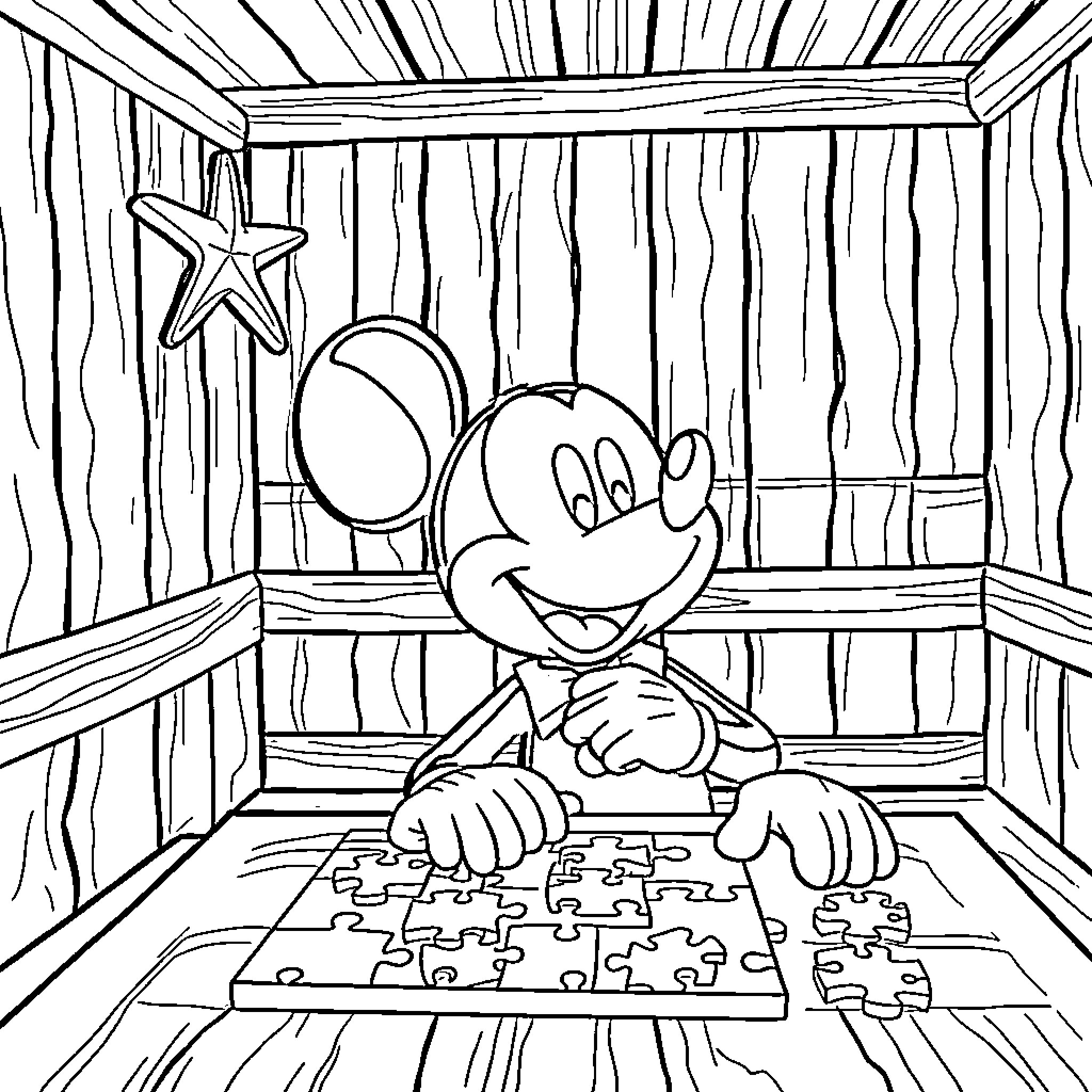 Mickey Mouse working on a puzzle in a wooden cabin Coloring Page (free black-and-white line drawing printable PDF for all, from beginners to advanced learners, including children, teens, adults, and seniors)