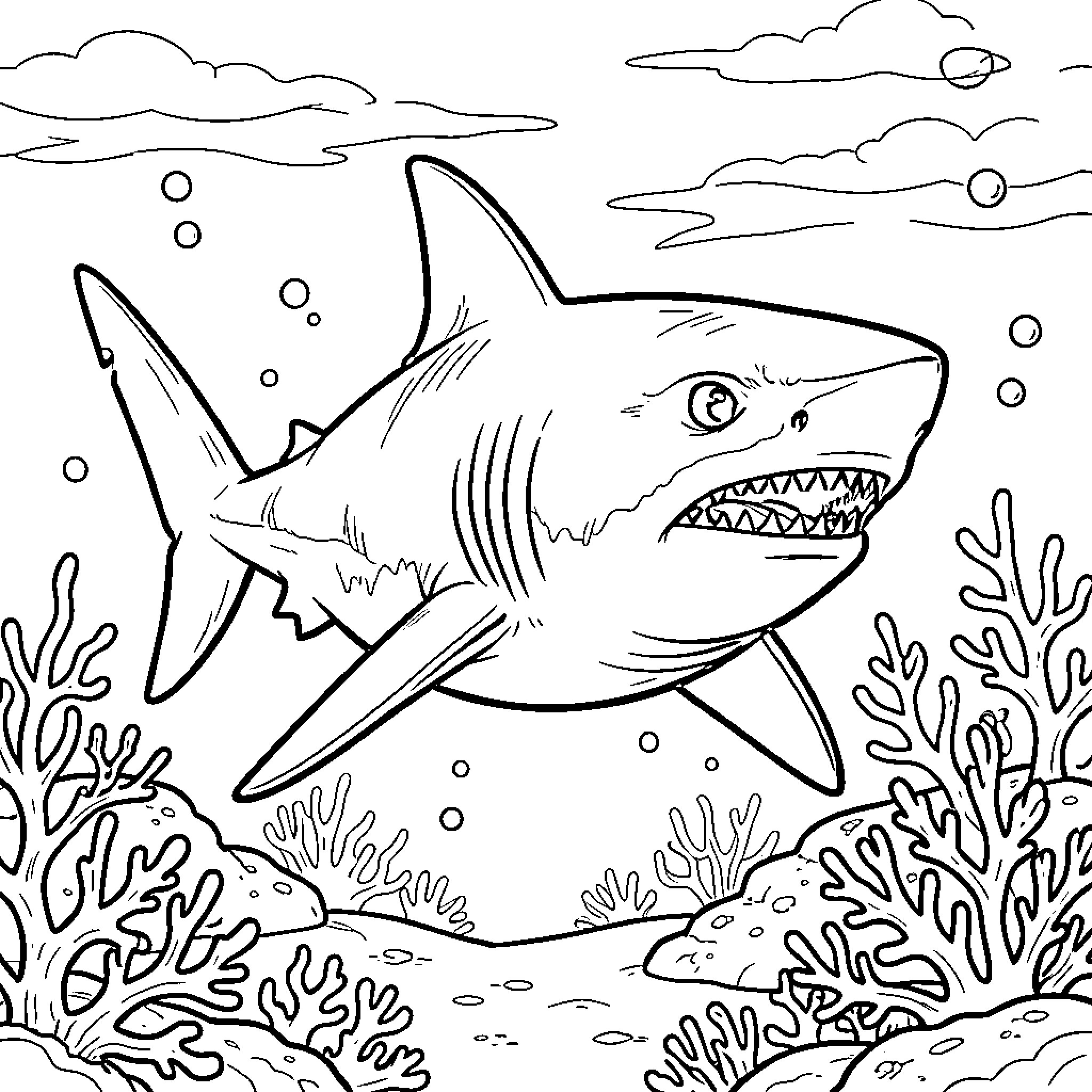 Ninja Shark swimming through a coral reef Coloring Page (free black-and-white line drawing printable PDF for all, from beginners to advanced learners, including children, teens, adults, and seniors)